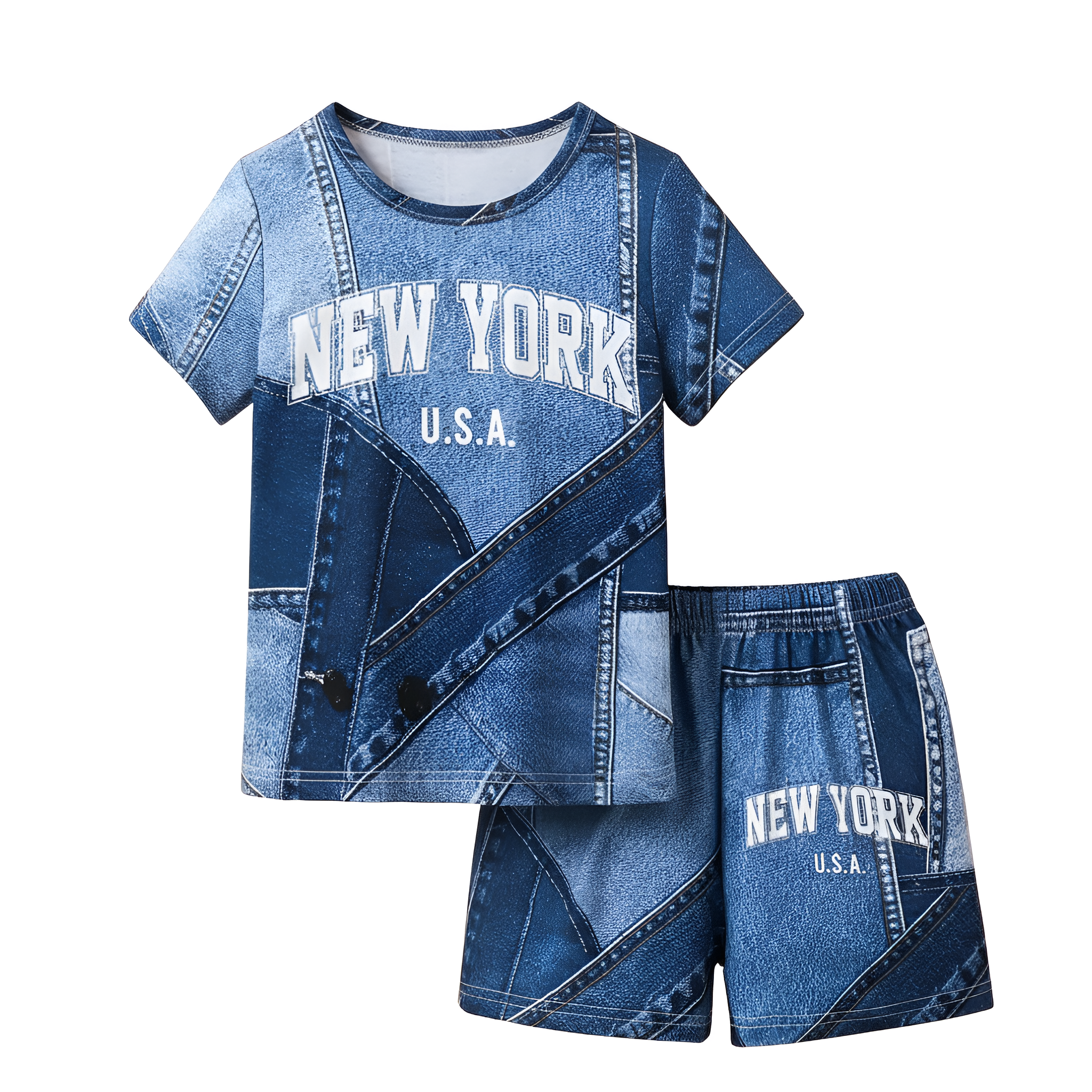 Summer Baby Boy Letter Imitation Denim Printed Set