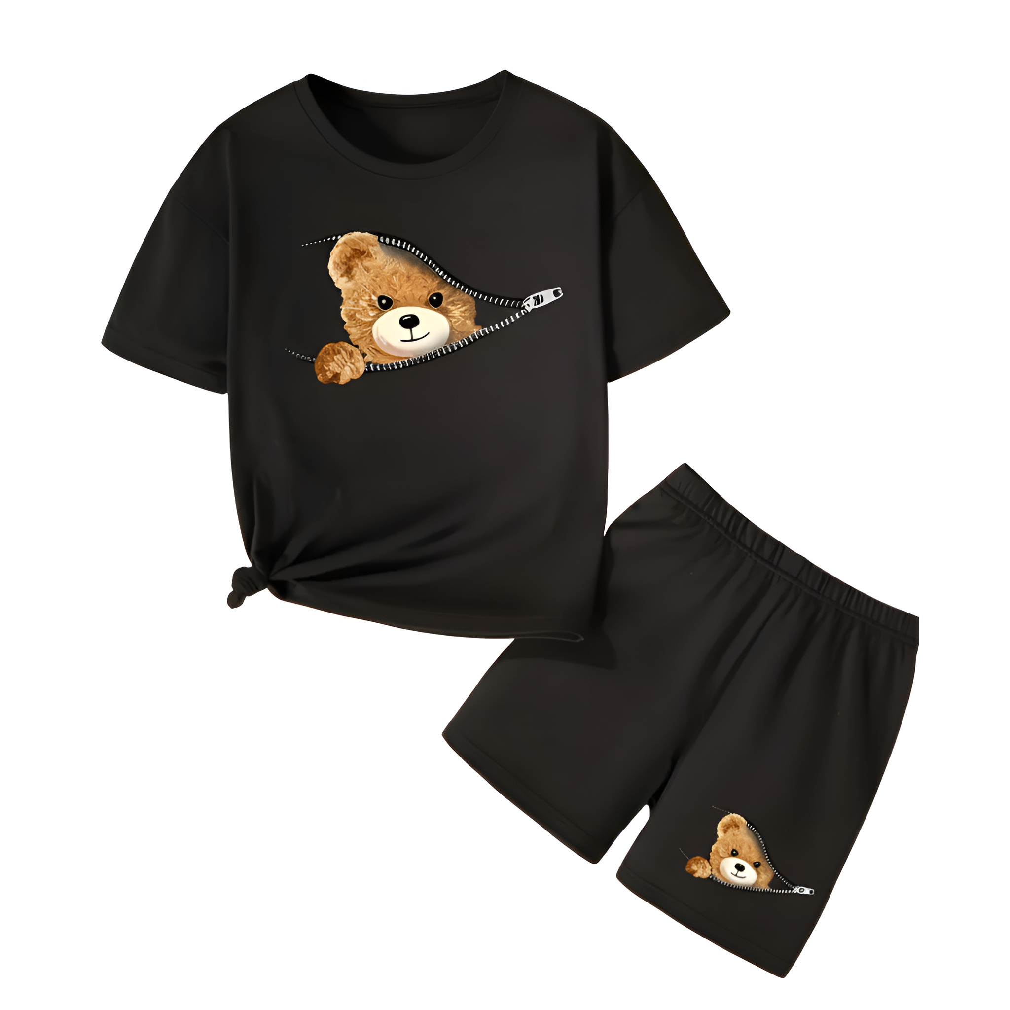 Summer Style Cartoon Bear Print Zipper Round Neck Short Sleeve Set
