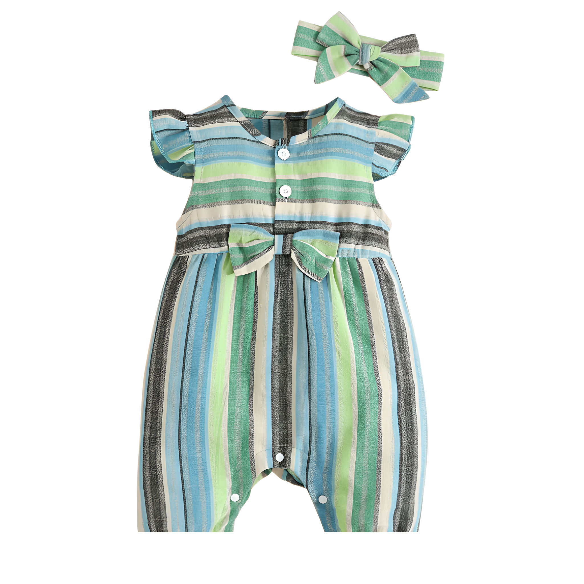 Striped Romper With Bow Detail And Ruffled Hem For Baby Girl