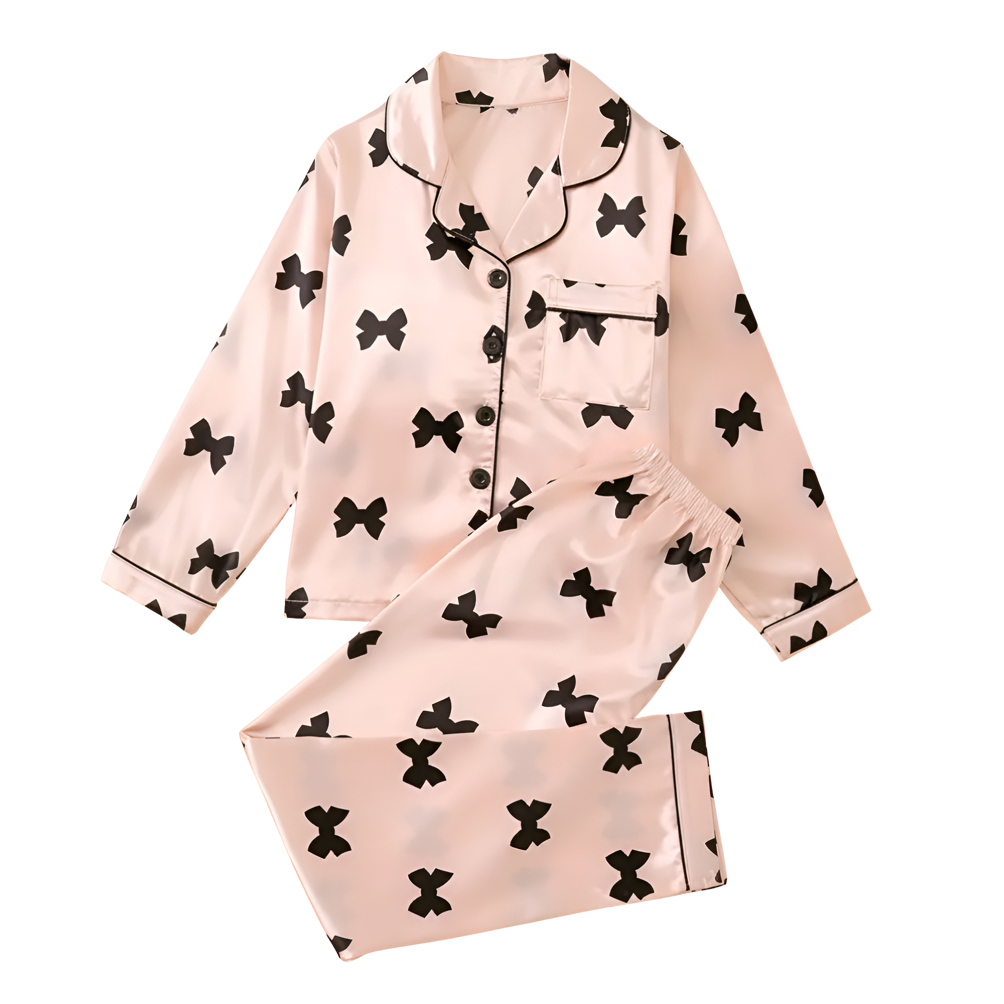 Long Sleeve Bowknot Print Pajama Set With Collar And Pants