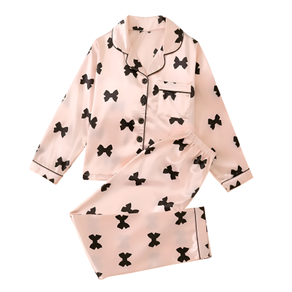 Long Sleeve Bowknot Print Pajama Set With Collar And Pants