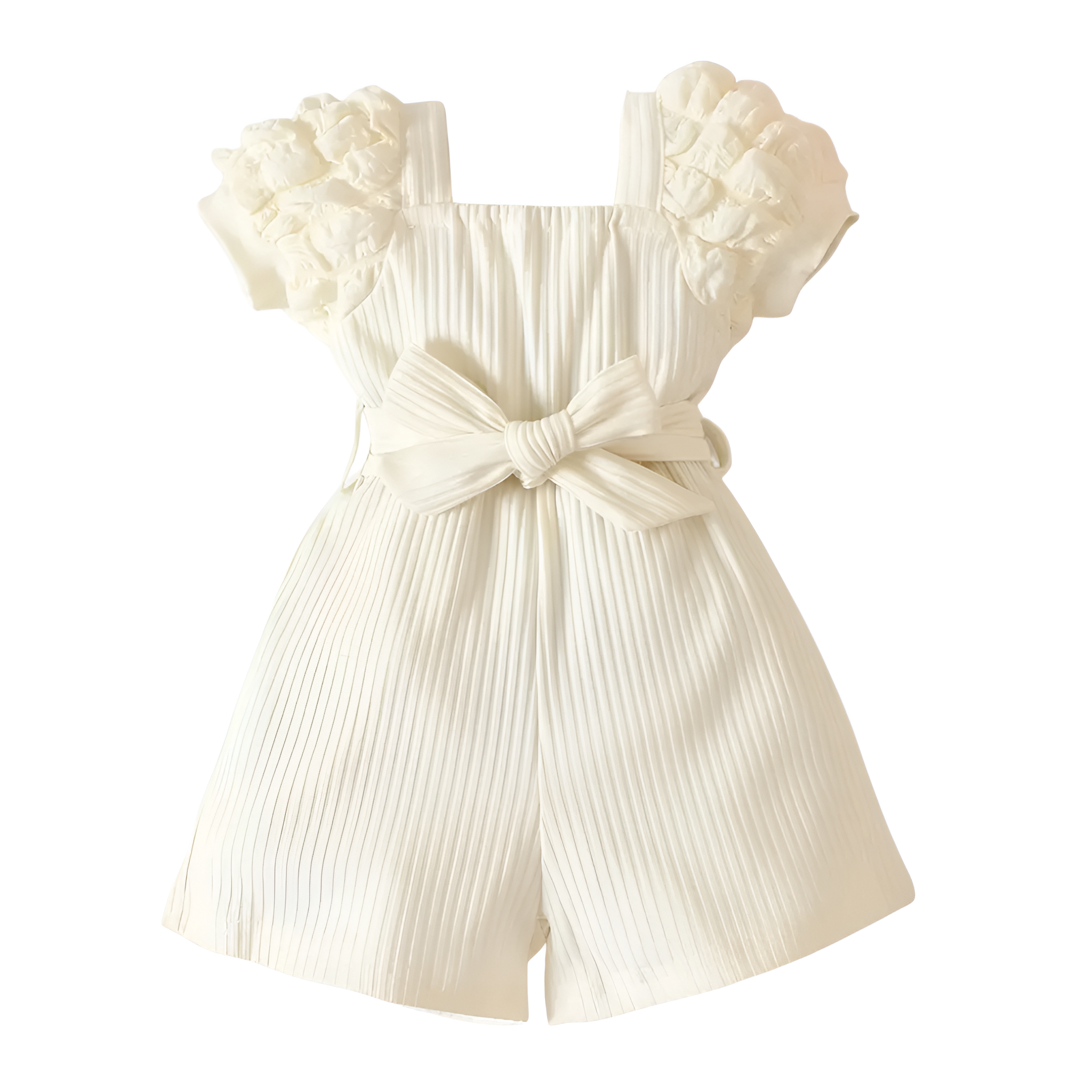Bubble Sleeve Romper With Adjustable Bow Belt