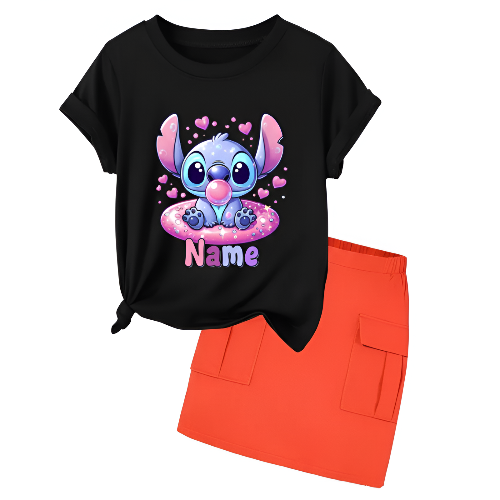 Customizable Stitch Girls Short Sleeve T Shirt And Skirt 2 Piece Set