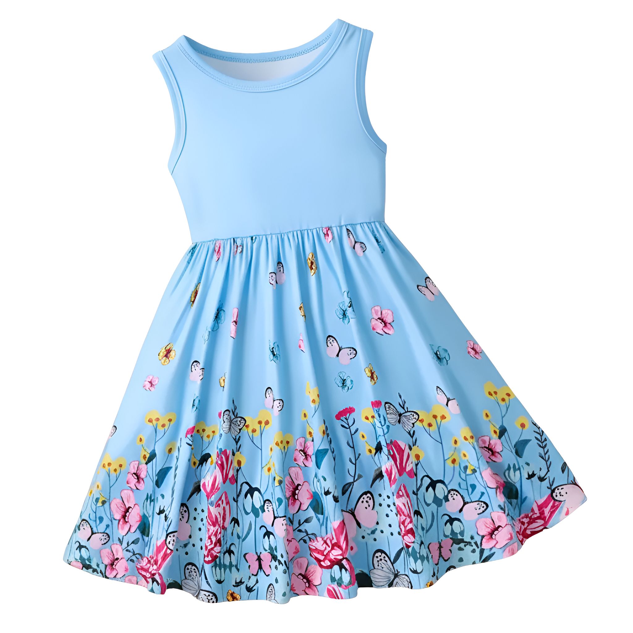 Girls Floral Butterfly Print Summer Sleeveless Midi Dress
