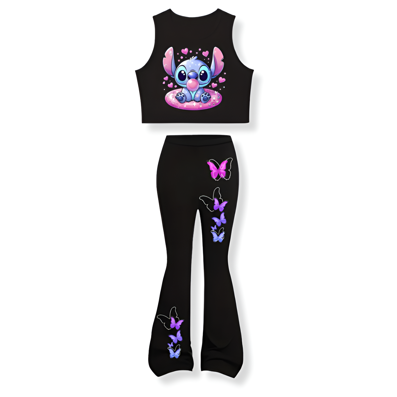 Stitch And Butterfly Print Girls Casual Sleeveless Vest And Pants 2 Piece Set