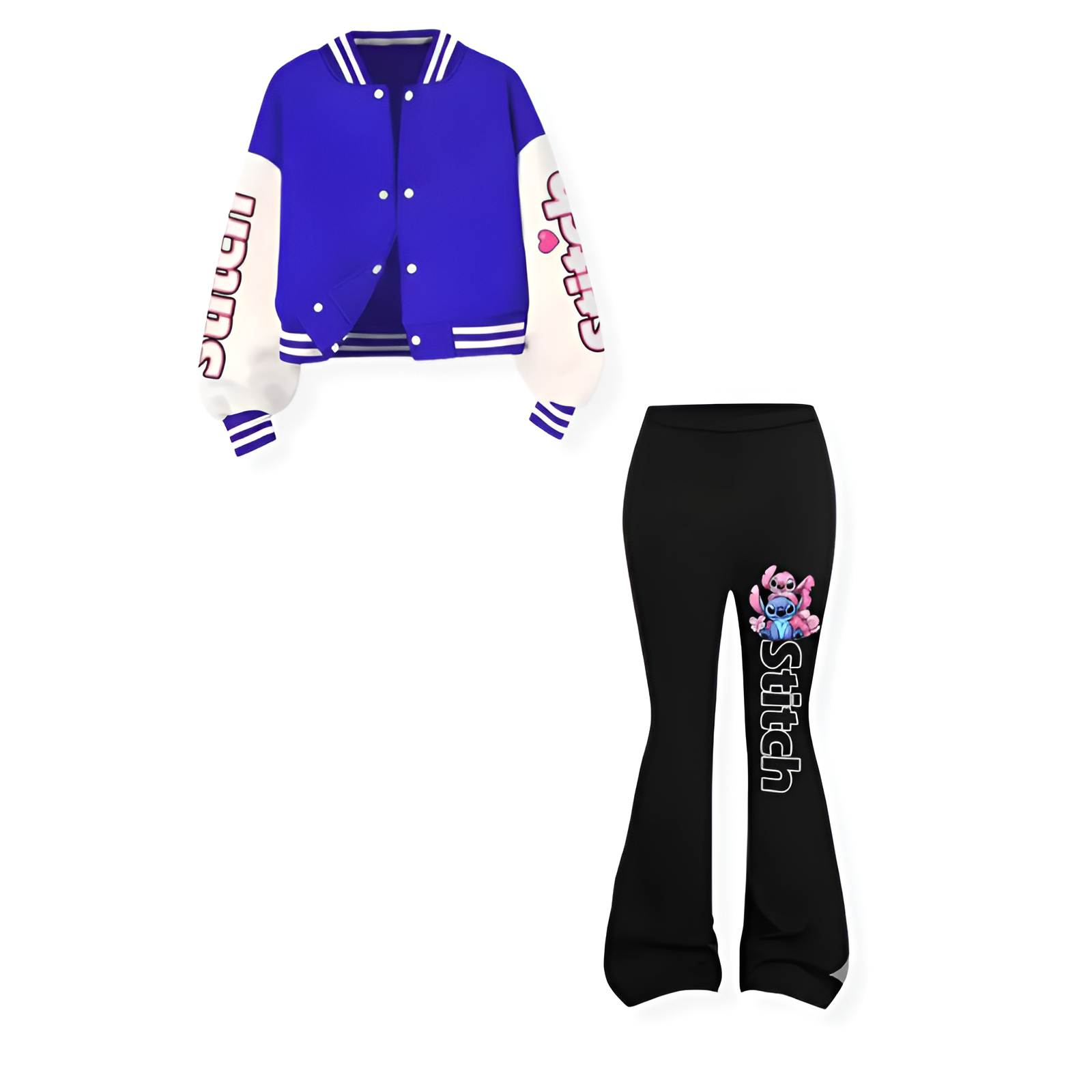 Stitch Floral Print Girls Baseball Jacket And Bell Bottom Pants 2 Piece Set