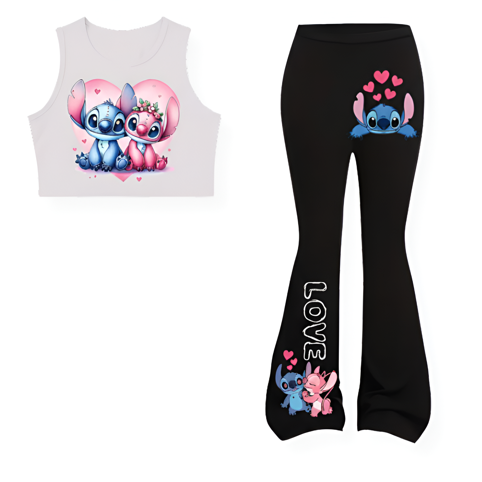 Stitch Print Girls Casual Sleeveless Vest Tank Top And Flare Pants 2 Piece Summer Set