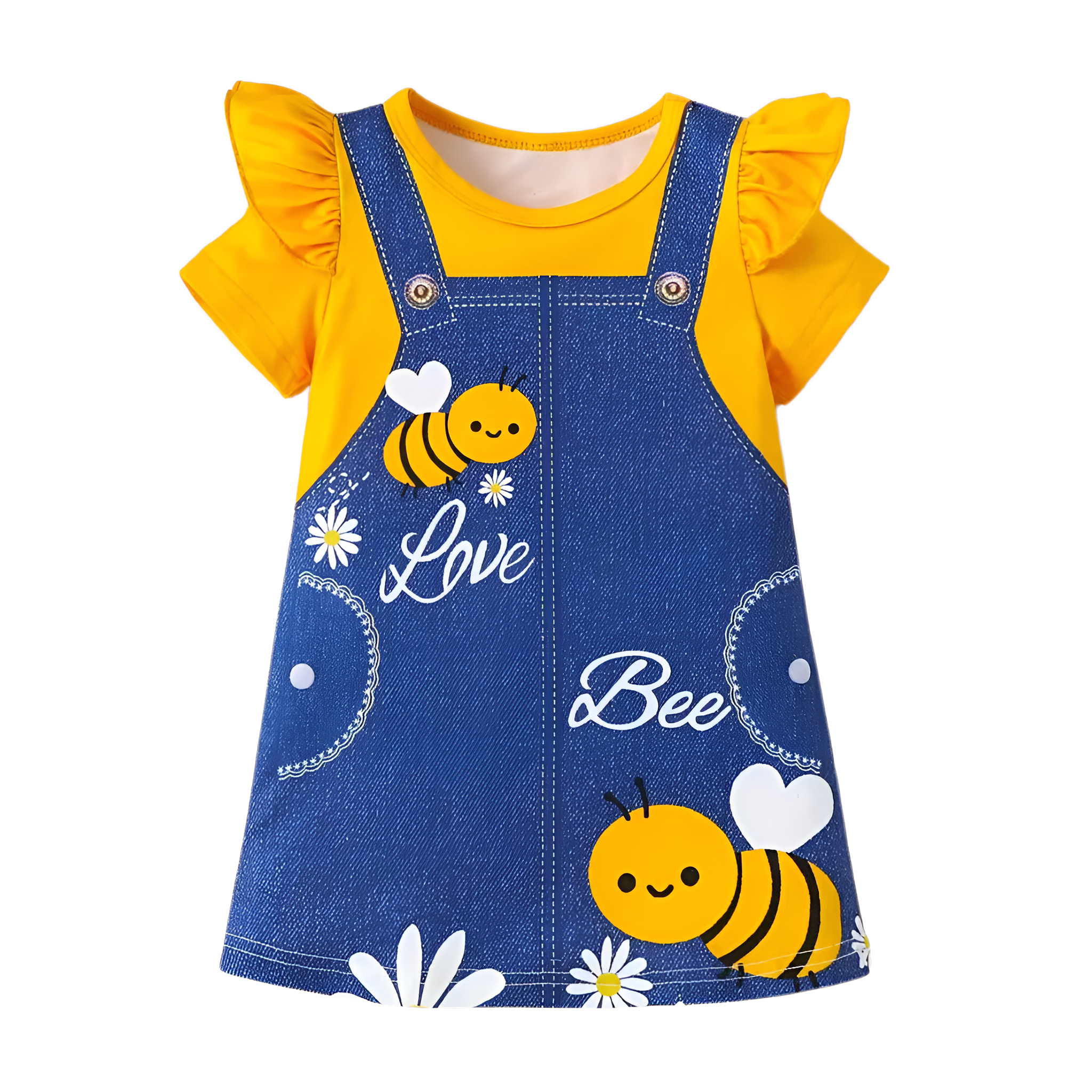 Girls Summer Bee And Flower Print Dress With Ruffled Sleeves
