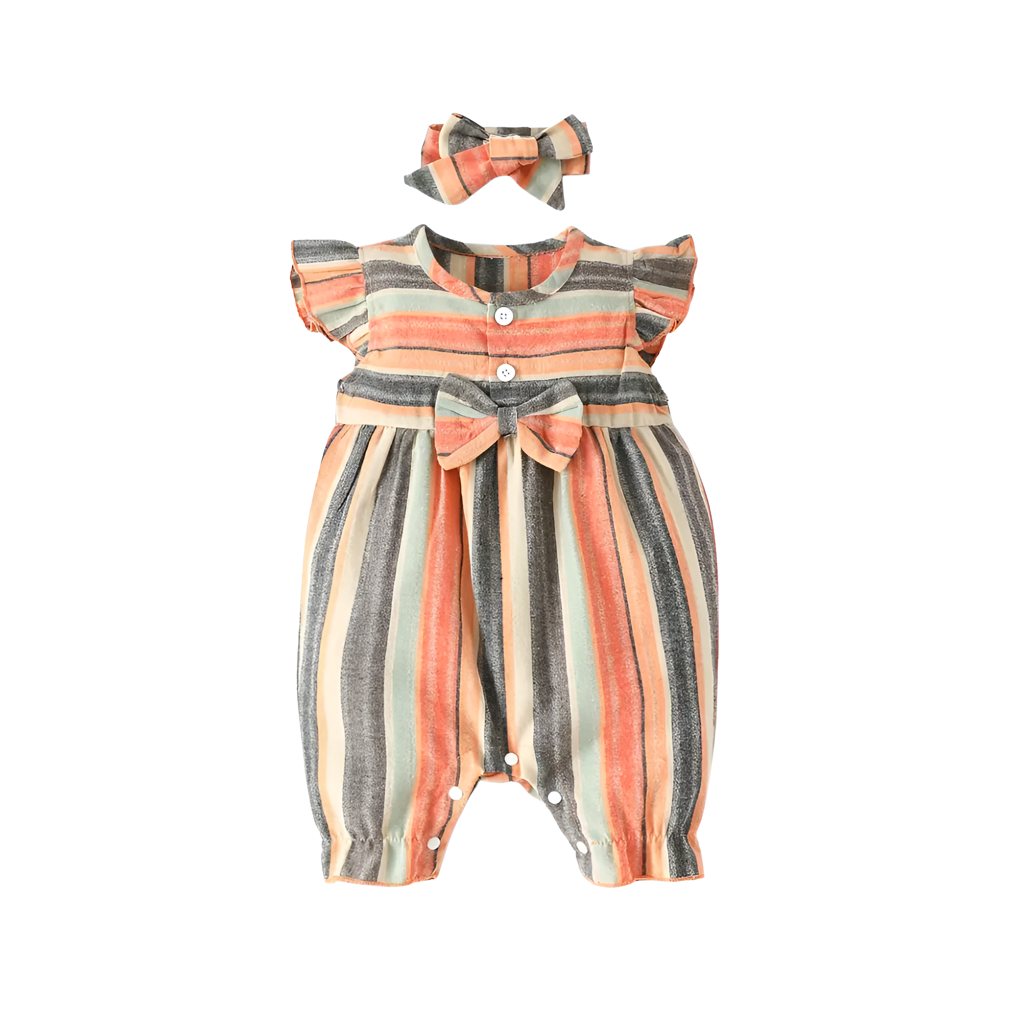Striped Romper With Bow Detail And Ruffled Hem For Baby Girl