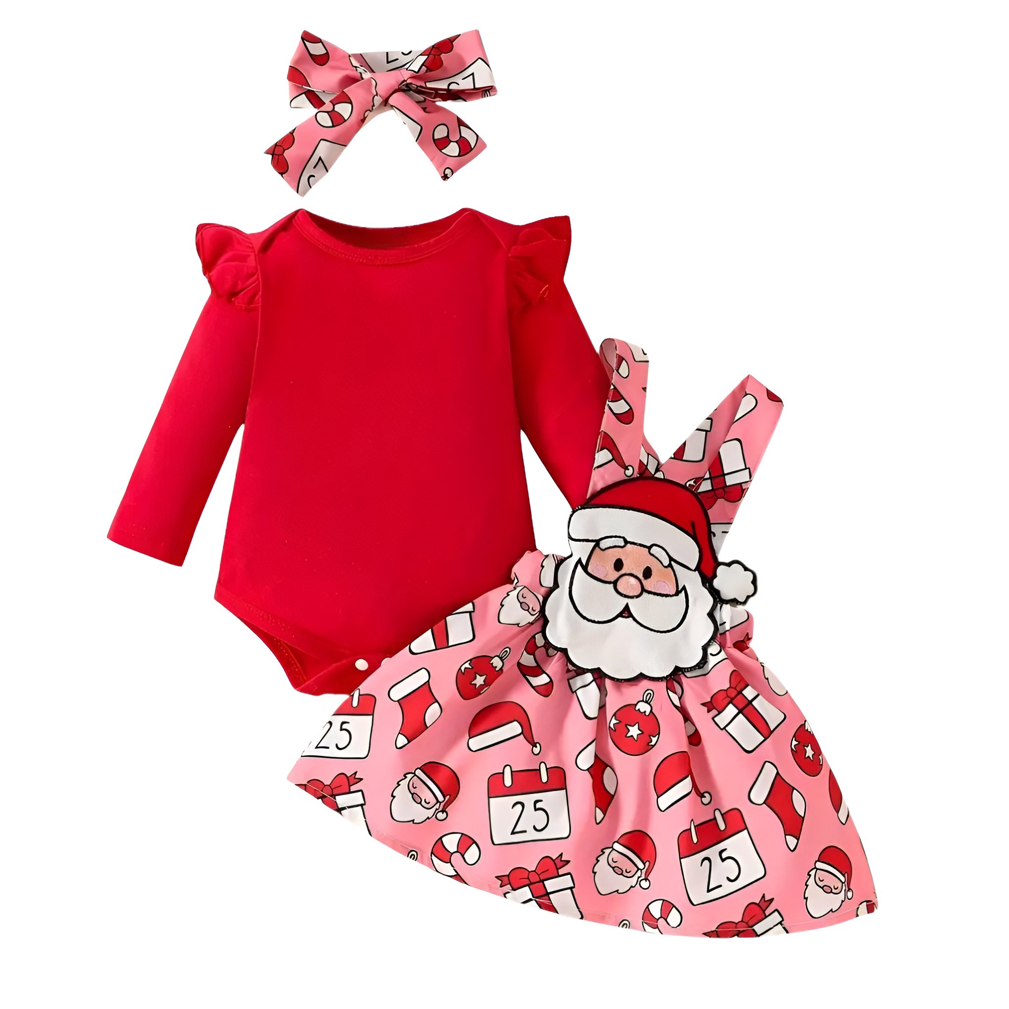 3 Piece Christmas Outfit Long Sleeve Onesie With Suspenders And Hair Tie For Girl
