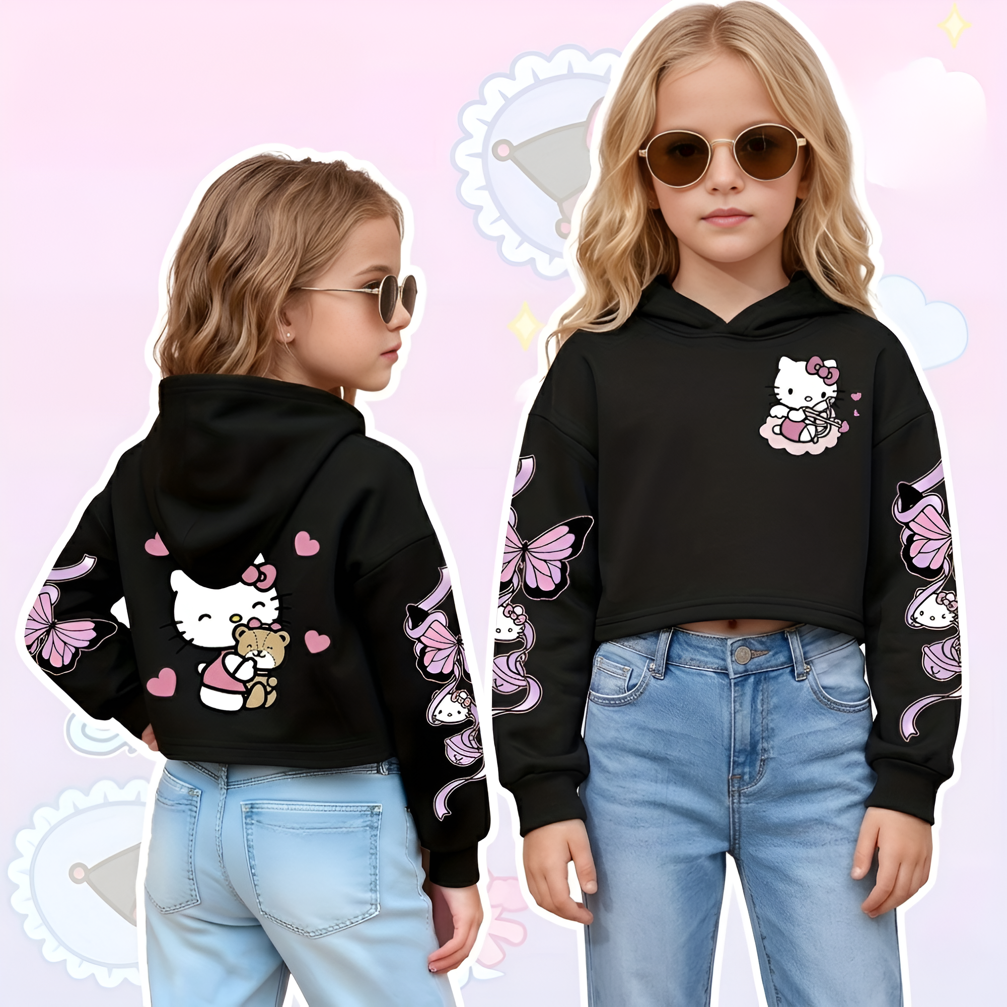 Hello Kitty Cartoon Print Hooded Sweatshirt For Girls Winter Wear
