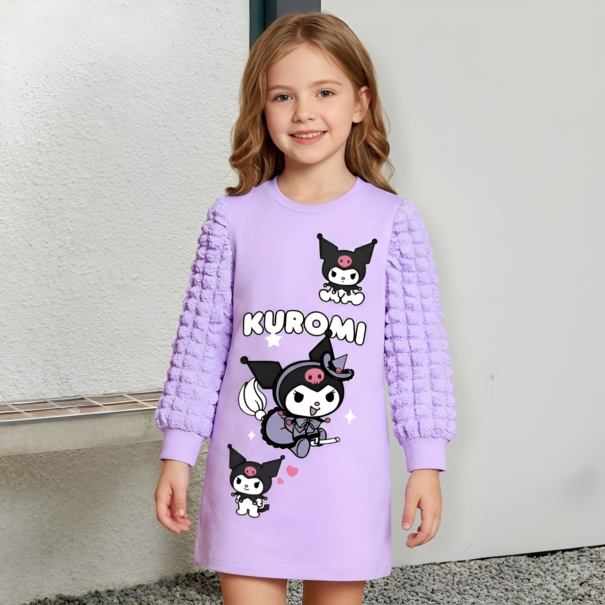 Kuromi Cartoon Printed Puff Sleeve Dress For Girls