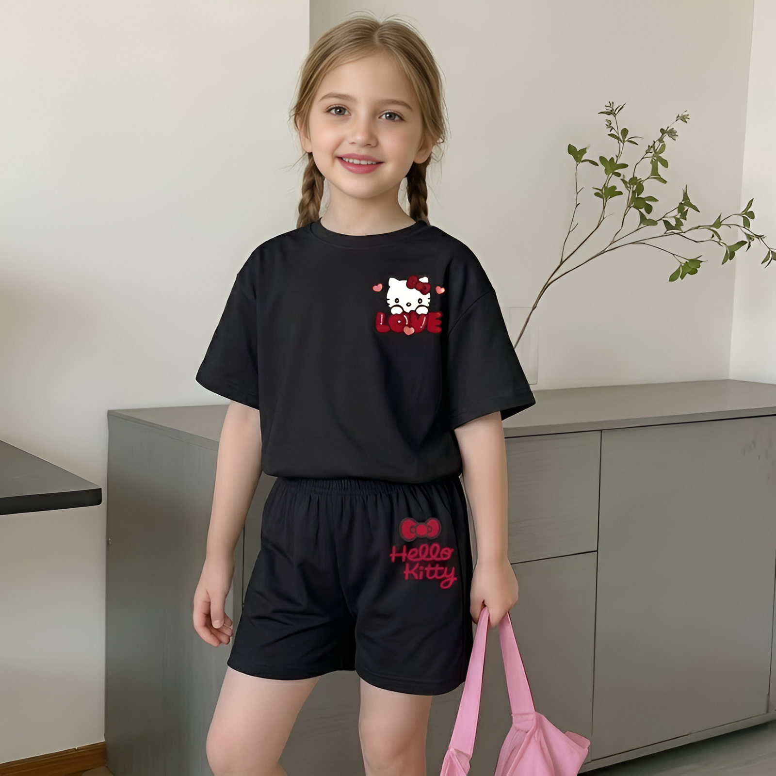 Hello Kitty Double Sided Print Mesh T Shirt And Shorts Set For Girls