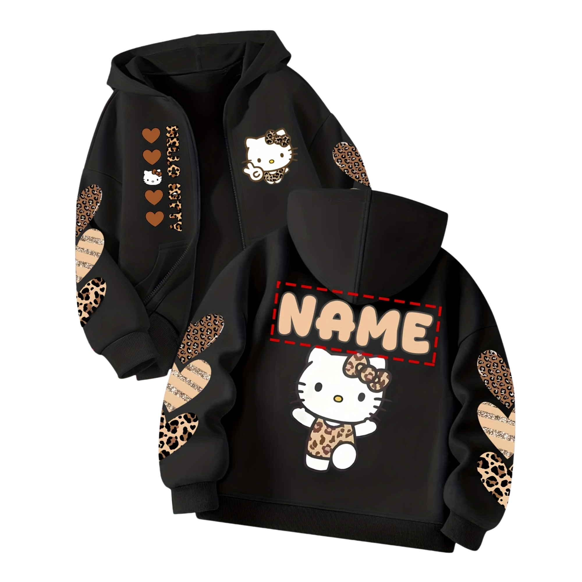  Cardigan Hoodie Features a Cute Leopard Print with Double-Sided Fun Prints of Hello Kitty