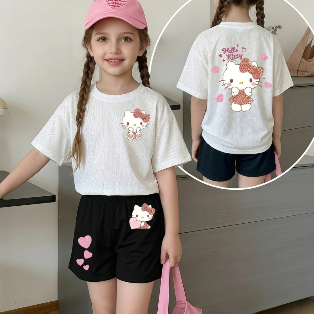Hello Kitty Double Sided Print T Shirt And Shorts 2 Piece Outfit Set For Girls