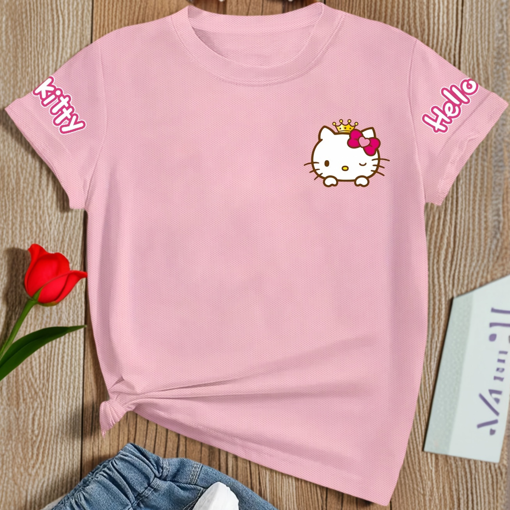 Casual Short Sleeved T Shirt With Hello Kitty Printed For Girls 