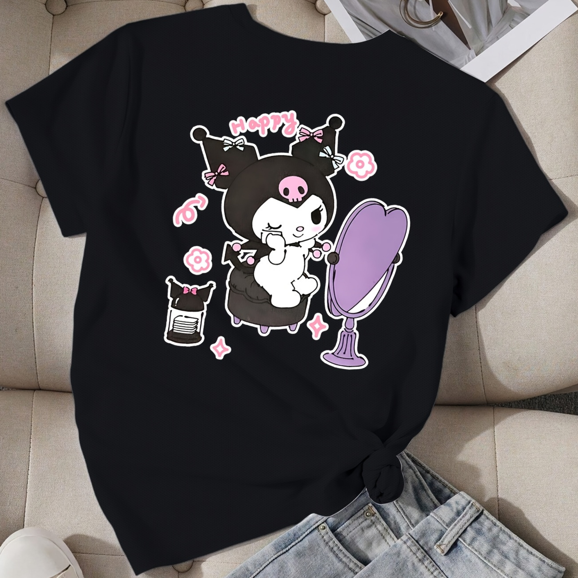 Mesh Short Sleeve T Shirt With Double Sided Kuromi Printed For Girls
