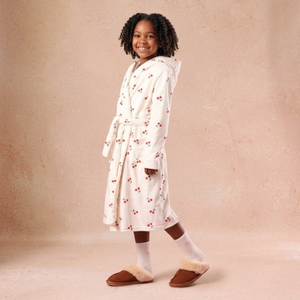 Cherry Printed Plush Bathrobe With Hood And Long Sleeve For Girls