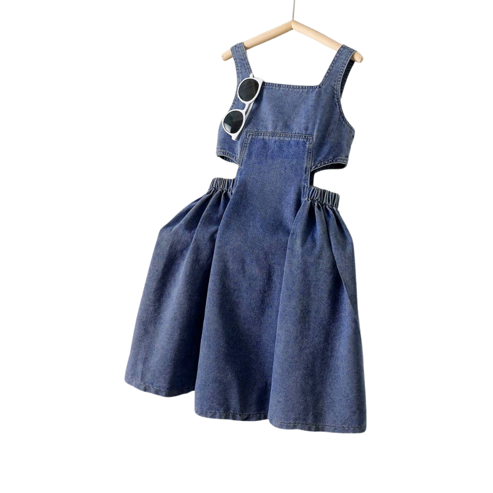 Denim Strap Princess Dress With Pocket And Flared Hem For Girls
