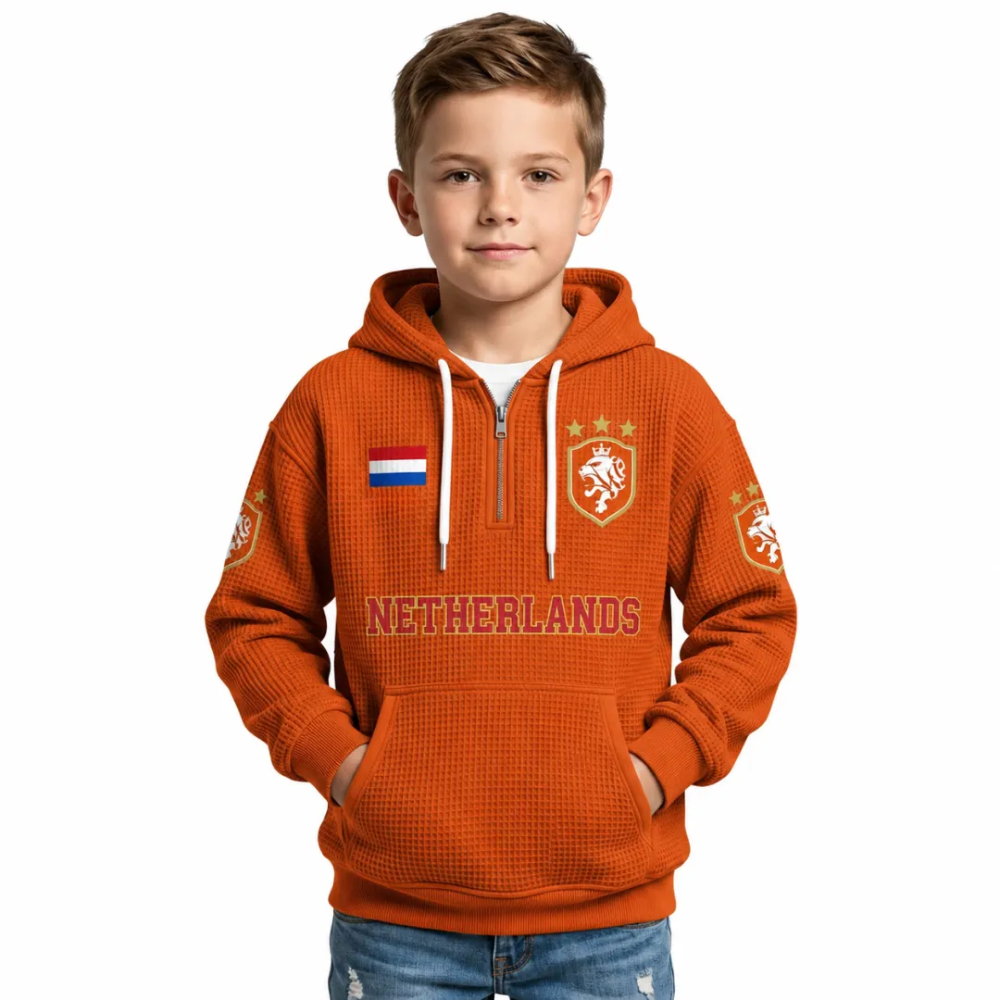 Netherlands Printed Waffle Quarter Zip Football Fan Hoodie For Kids