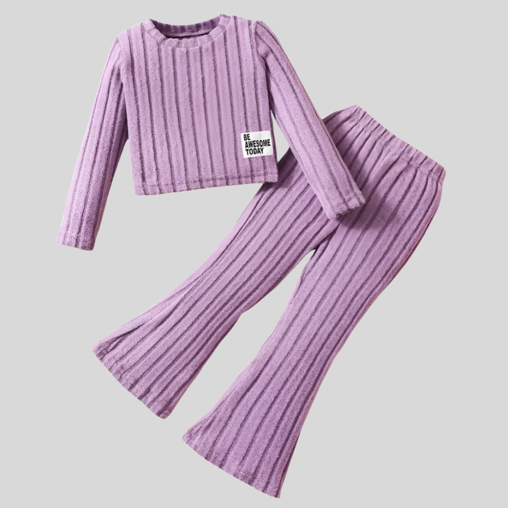 Long Sleeve Ribbed Pullover Top With Flare Pants Set For Girls