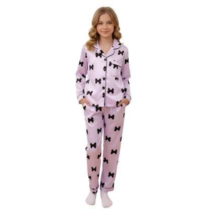 Long Sleeve Bowknot Print Pajama Set With Collar And Pants