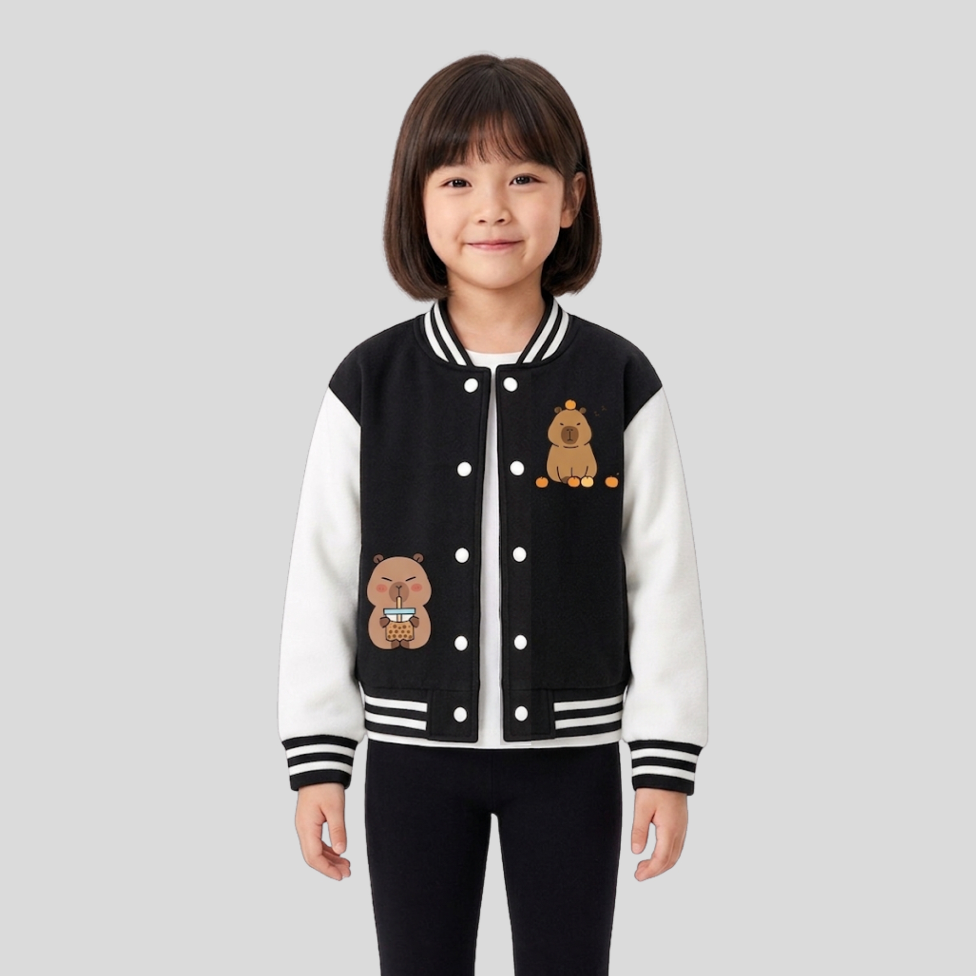 Capybara Family Print Baseball Jacket With Snap Closure And Casual Style For Girls