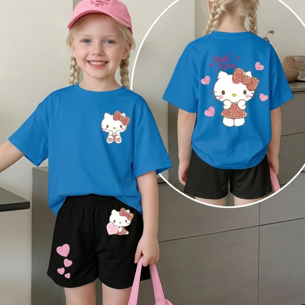 Hello Kitty Double Sided Print T Shirt And Shorts 2 Piece Outfit Set For Girls