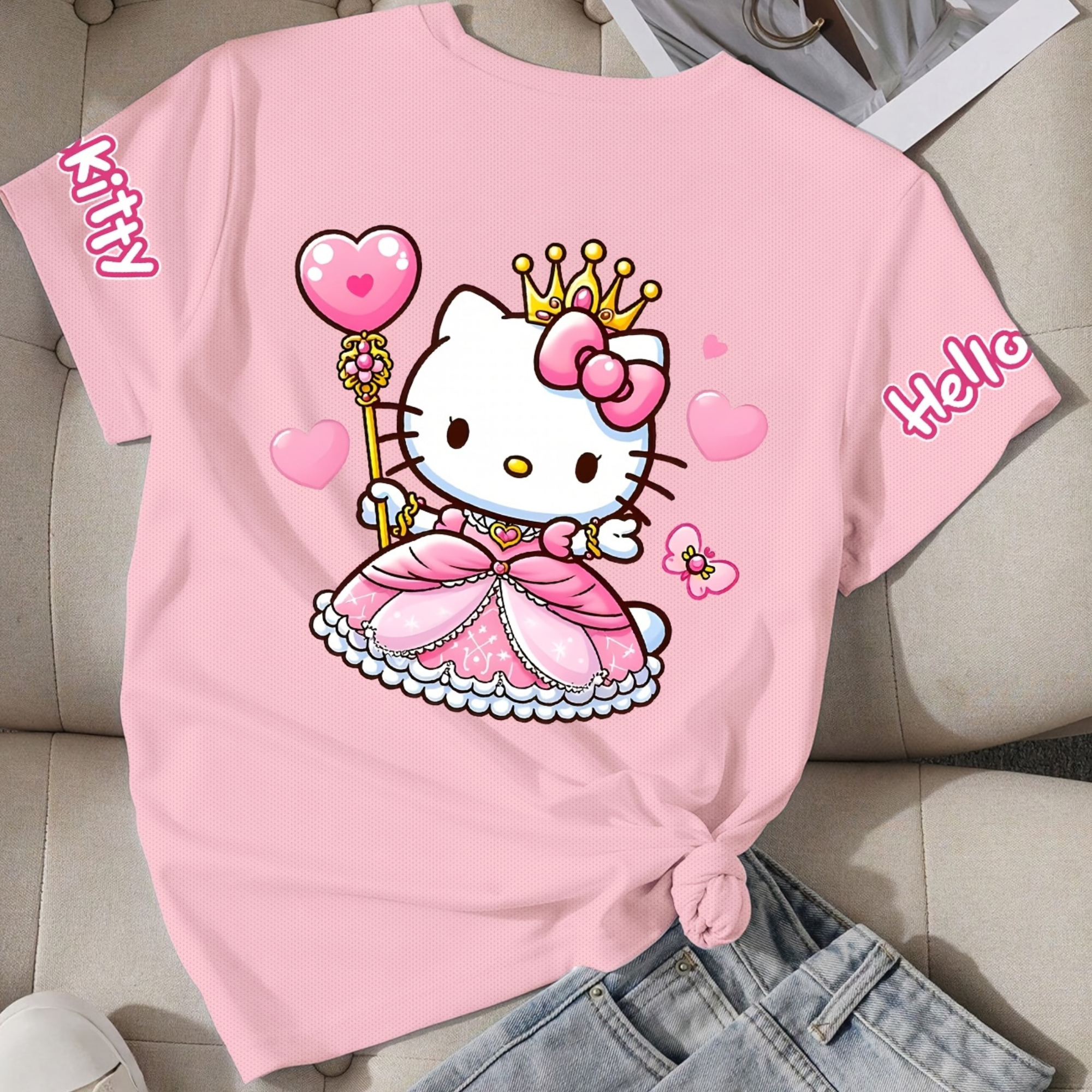 Casual Short Sleeved T Shirt With Hello Kitty Printed For Girls 