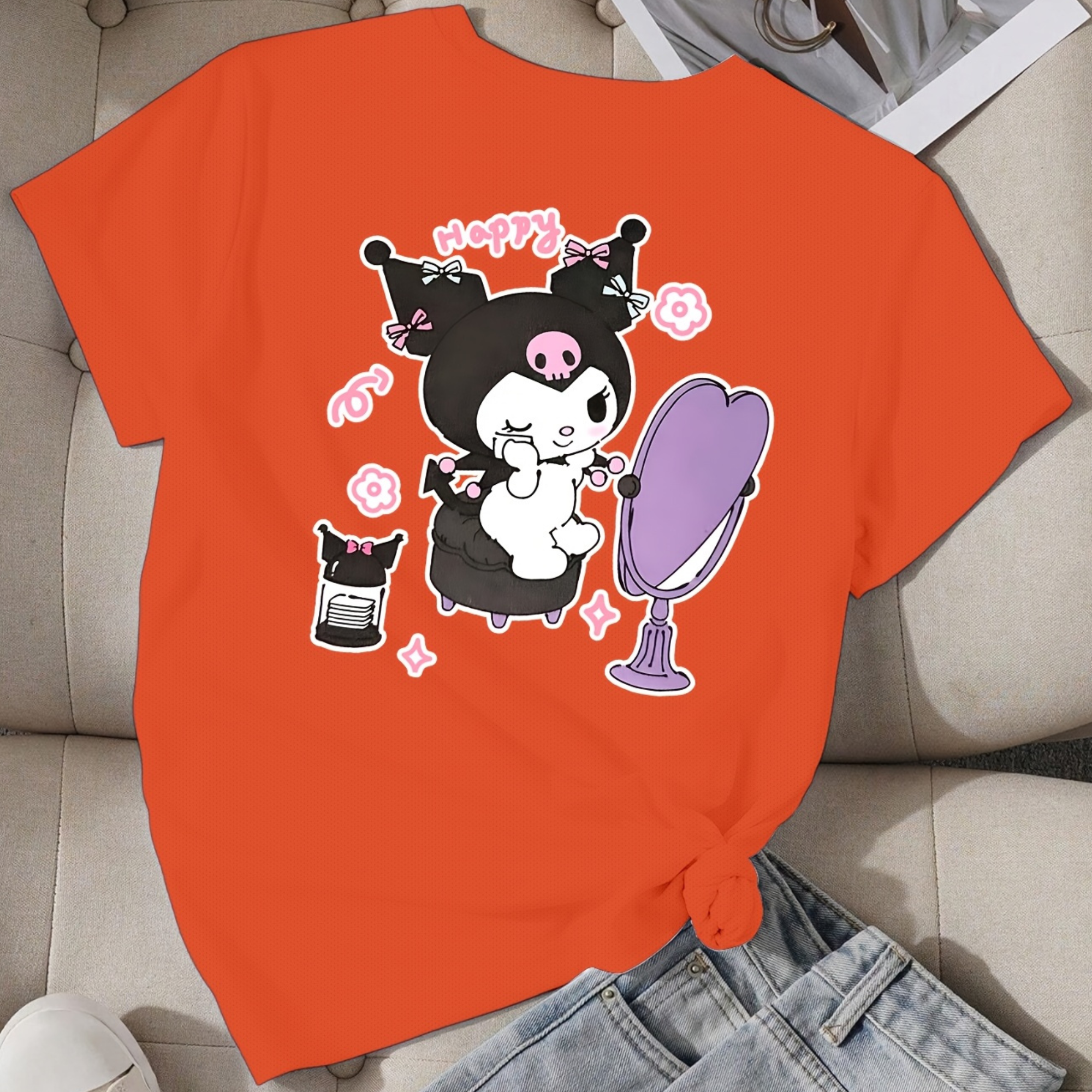 Mesh Short Sleeve T Shirt With Double Sided Kuromi Printed For Girls