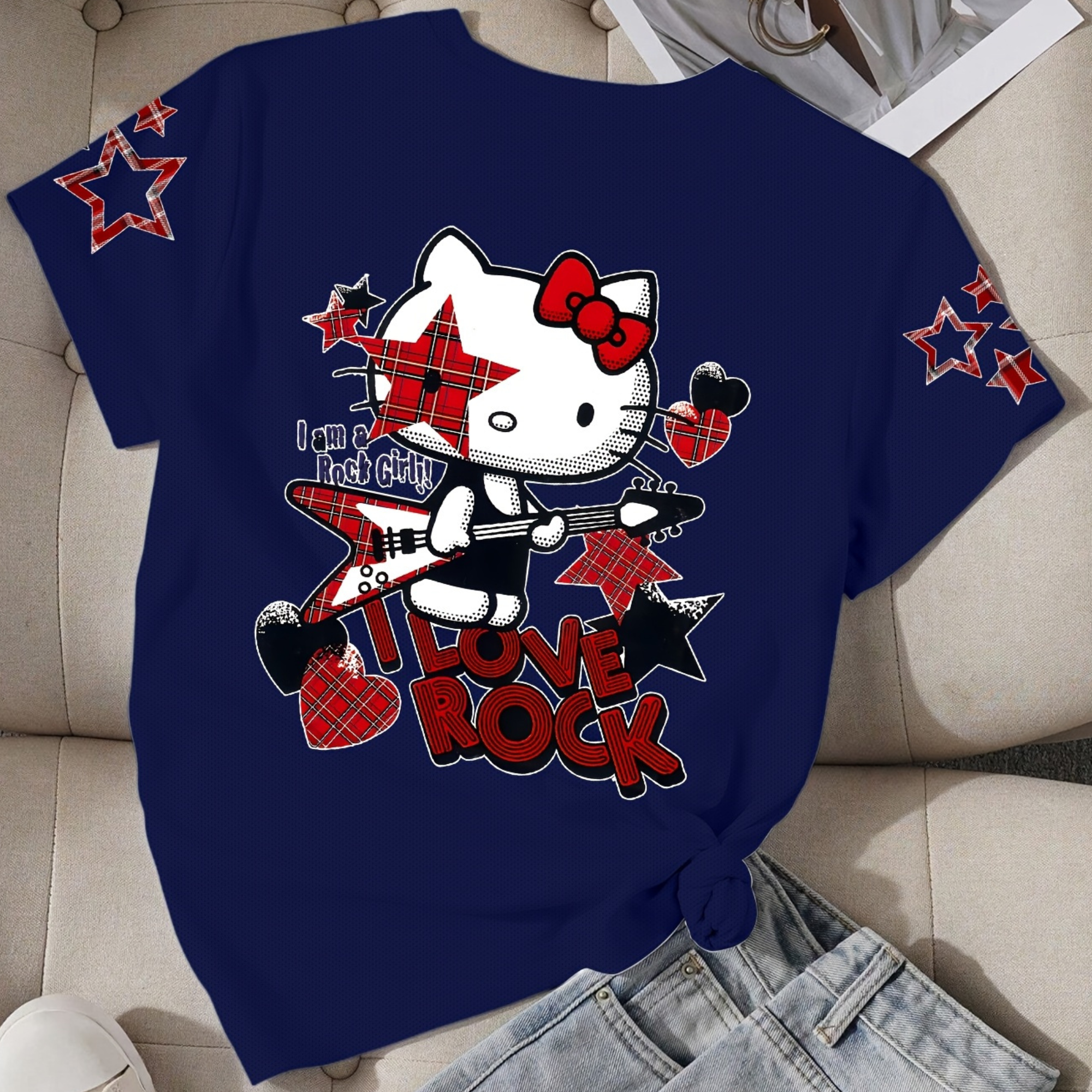 Short Sleeved T Shirt For Girls With Hello Kitty Double Sided Print