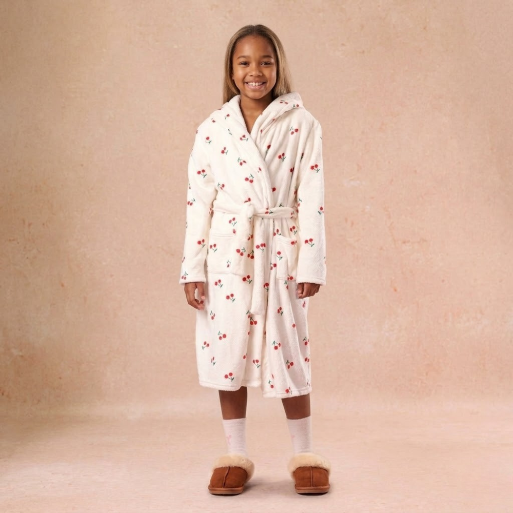 Cherry Printed Plush Bathrobe With Hood And Long Sleeve For Girls