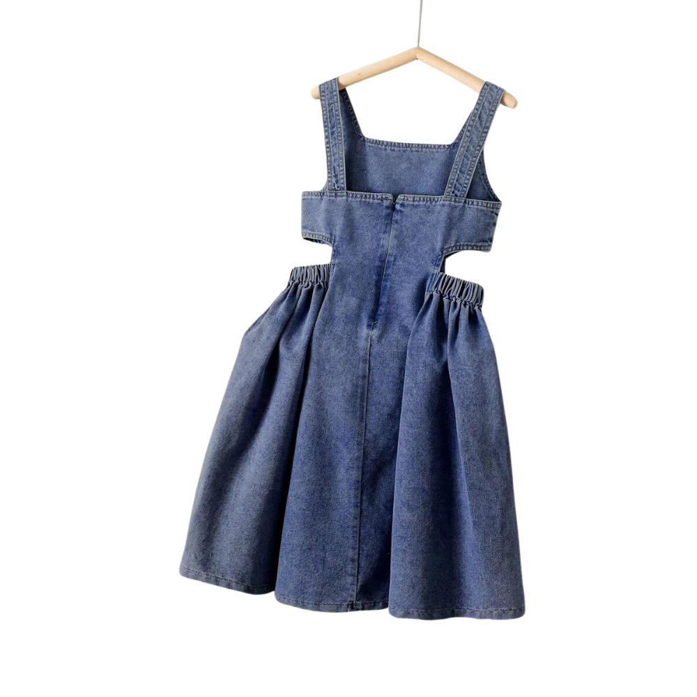 Denim Strap Princess Dress With Pocket And Flared Hem For Girls