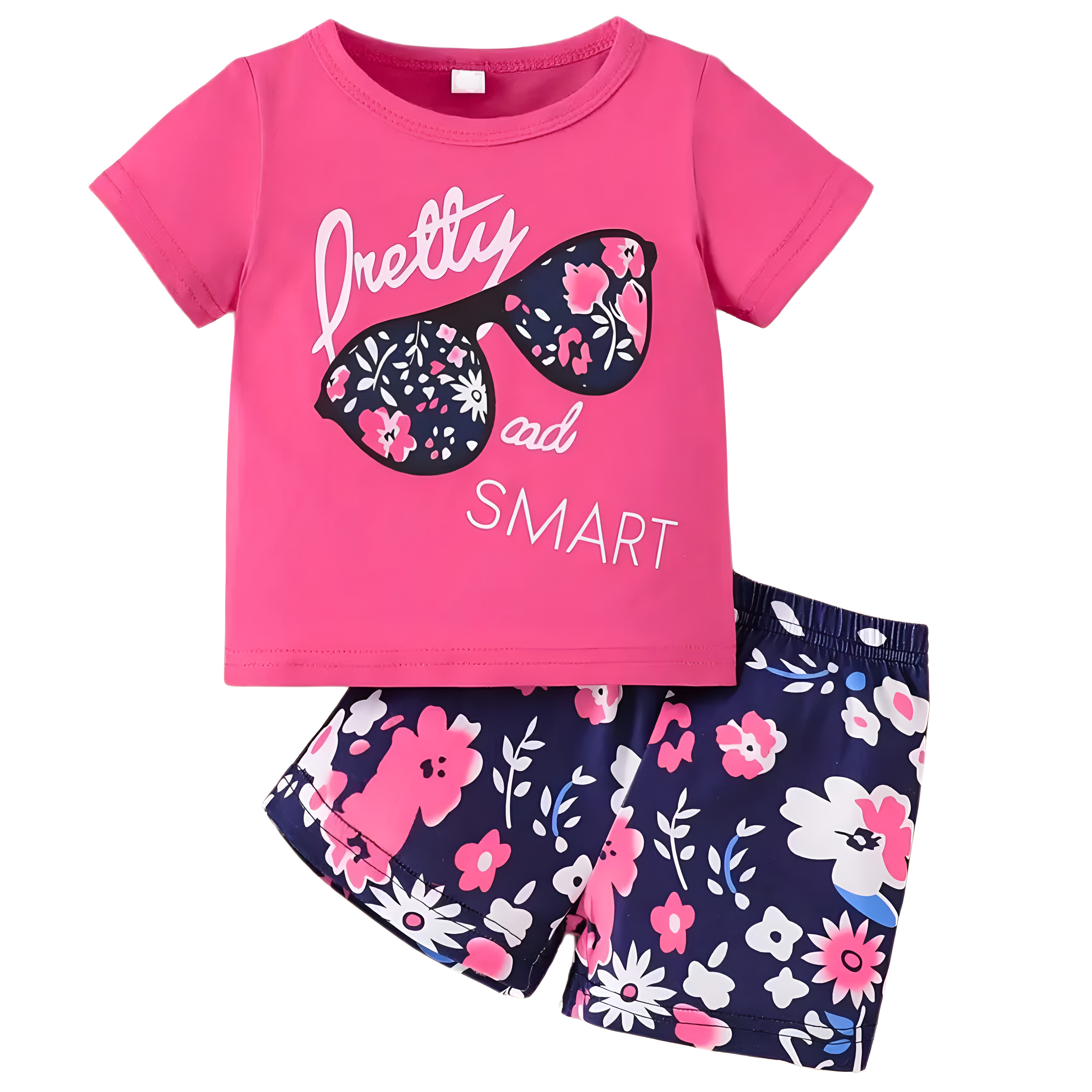 Baby Girl Cartoon Print Round Neck Top and Floral Shorts Two Piece Set