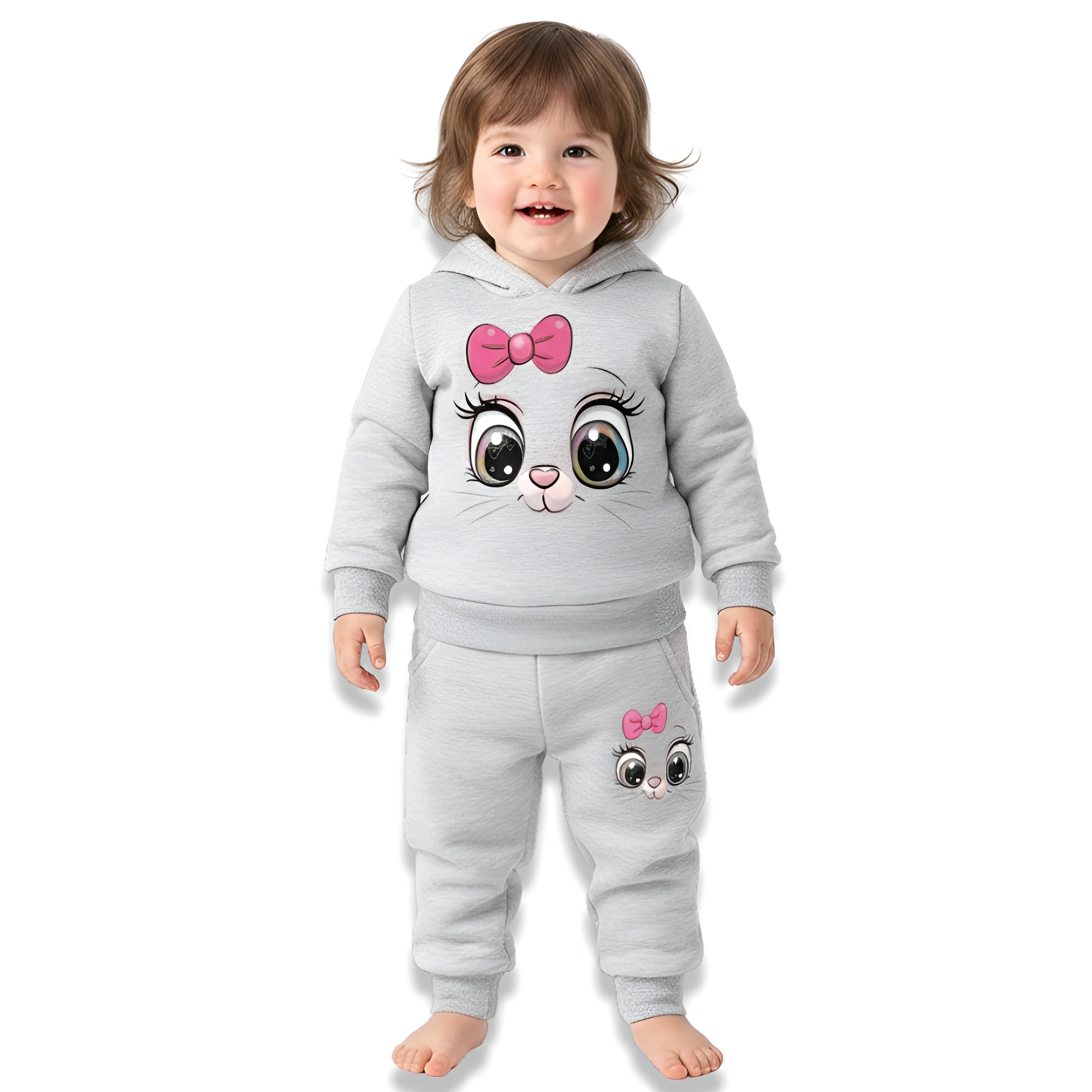 Girls Cartoon Print Hooded Long Sleeve Fleece Sweatshirt Casual Two Piece Set