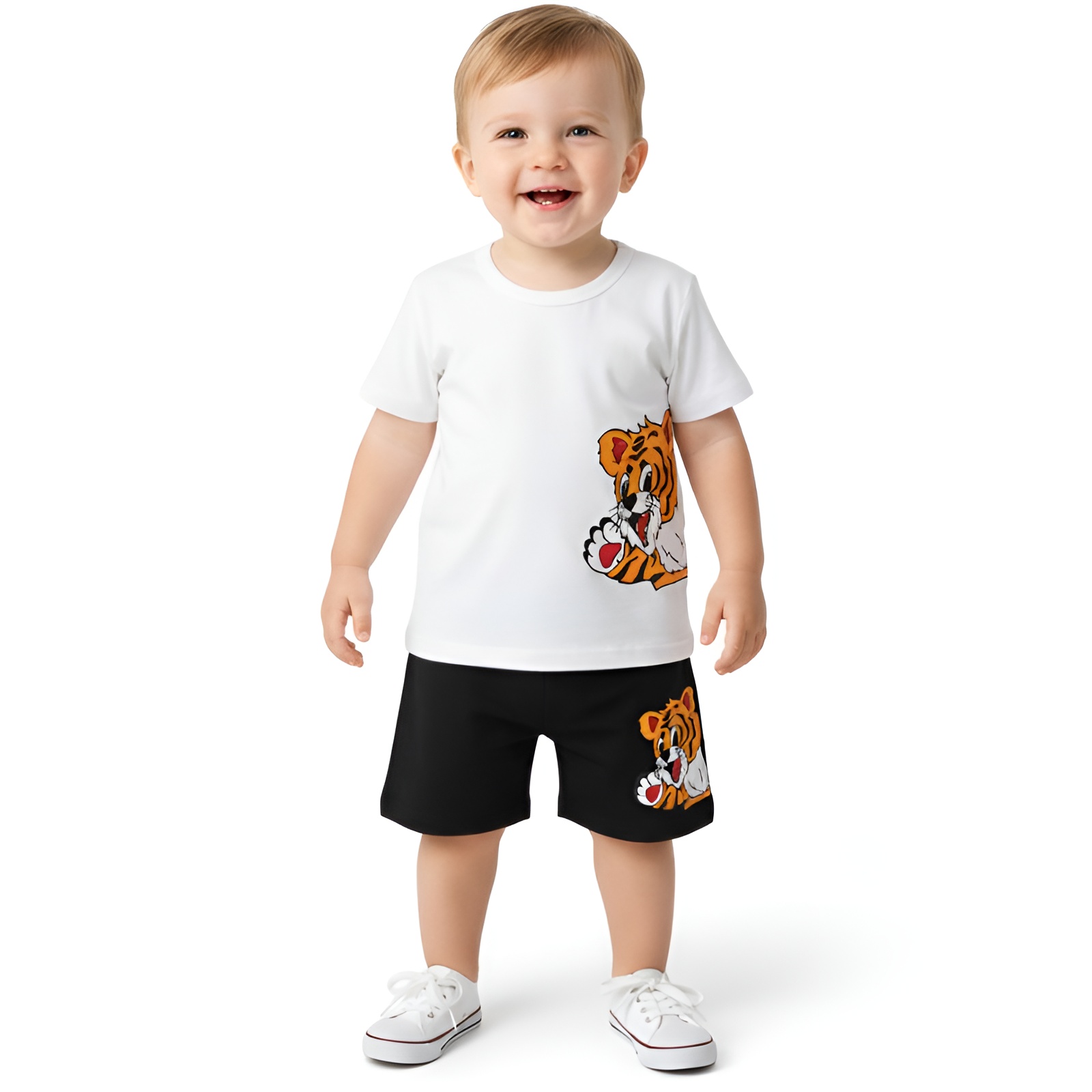 Boy Cartoon Tiger Print Short Sleeved Top and Shorts Two Piece Set