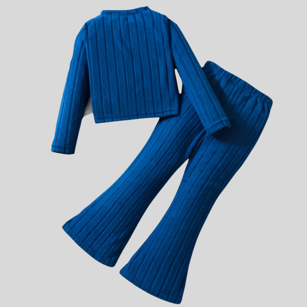 Long Sleeve Ribbed Pullover Top With Flare Pants Set For Girls