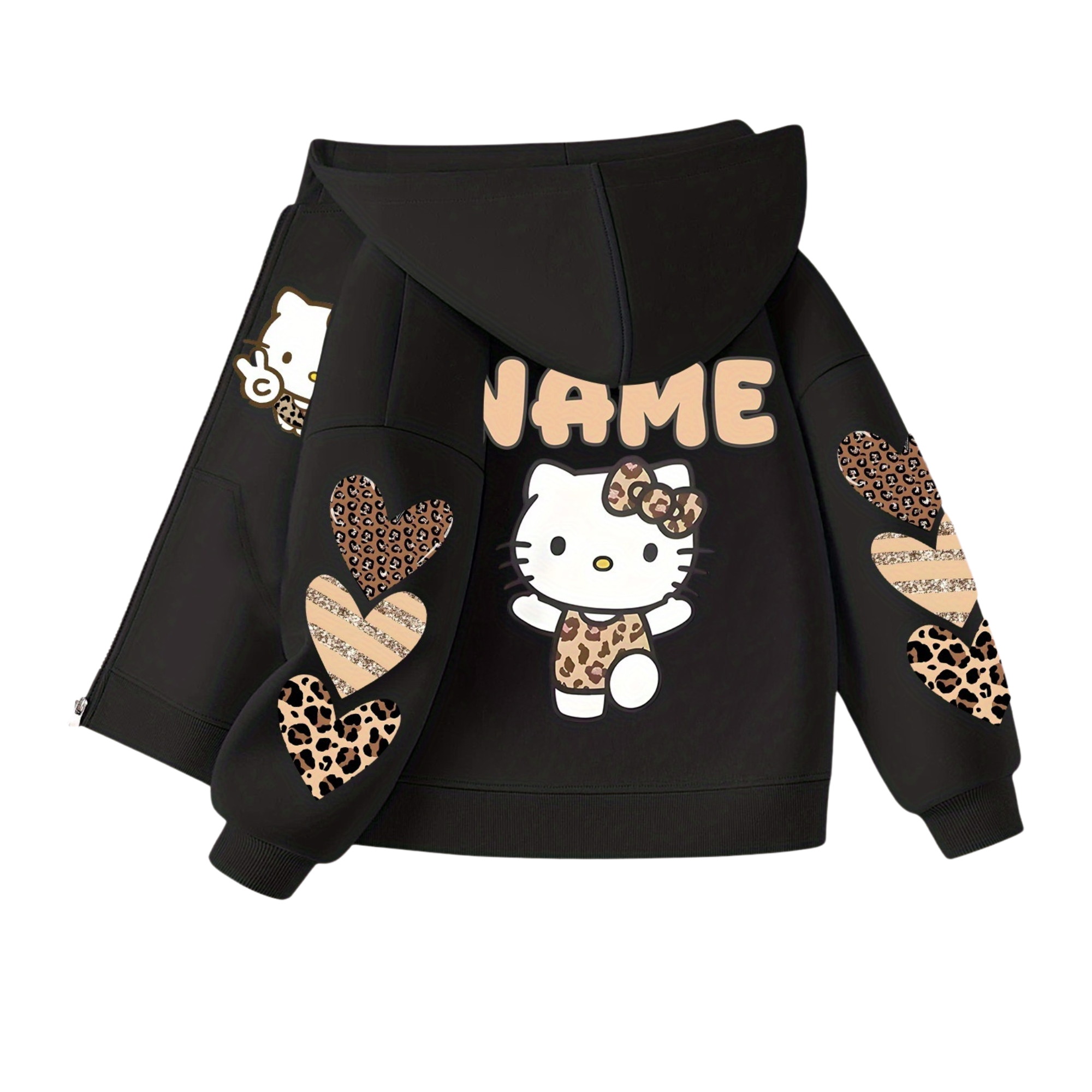  Cardigan Hoodie Features a Cute Leopard Print with Double-Sided Fun Prints of Hello Kitty