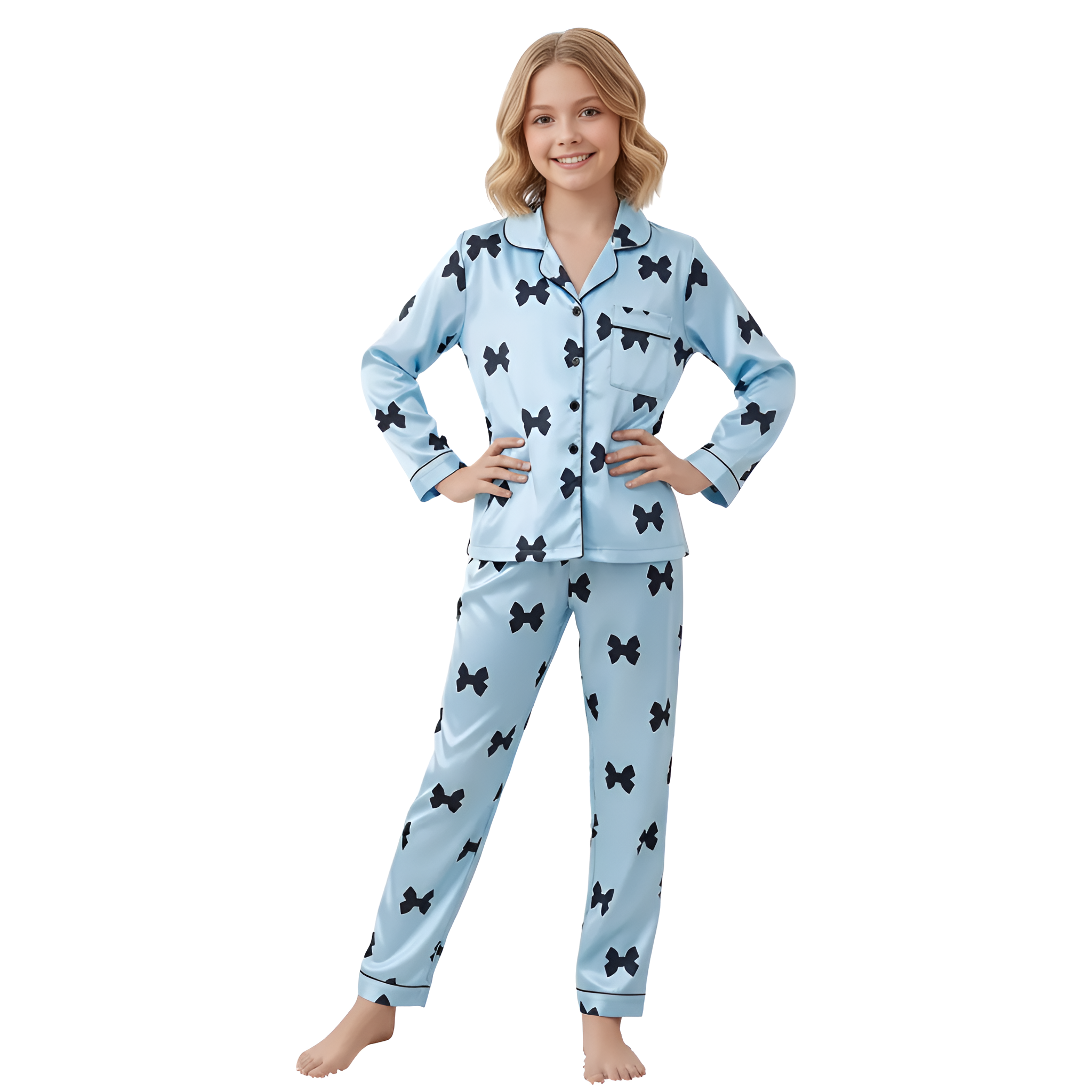 Long Sleeve Bowknot Print Pajama Set With Collar And Pants