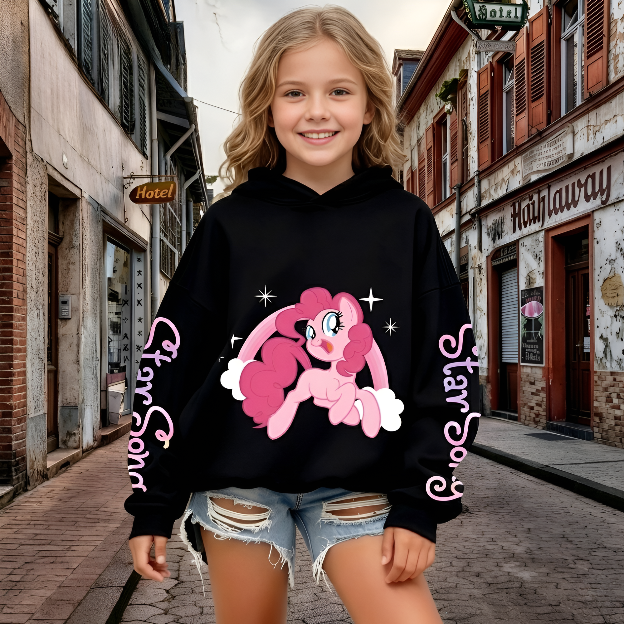 Pinkie Pie Cartoon Graphic Print Hooded Sweatshirt For Kids Winter Wear