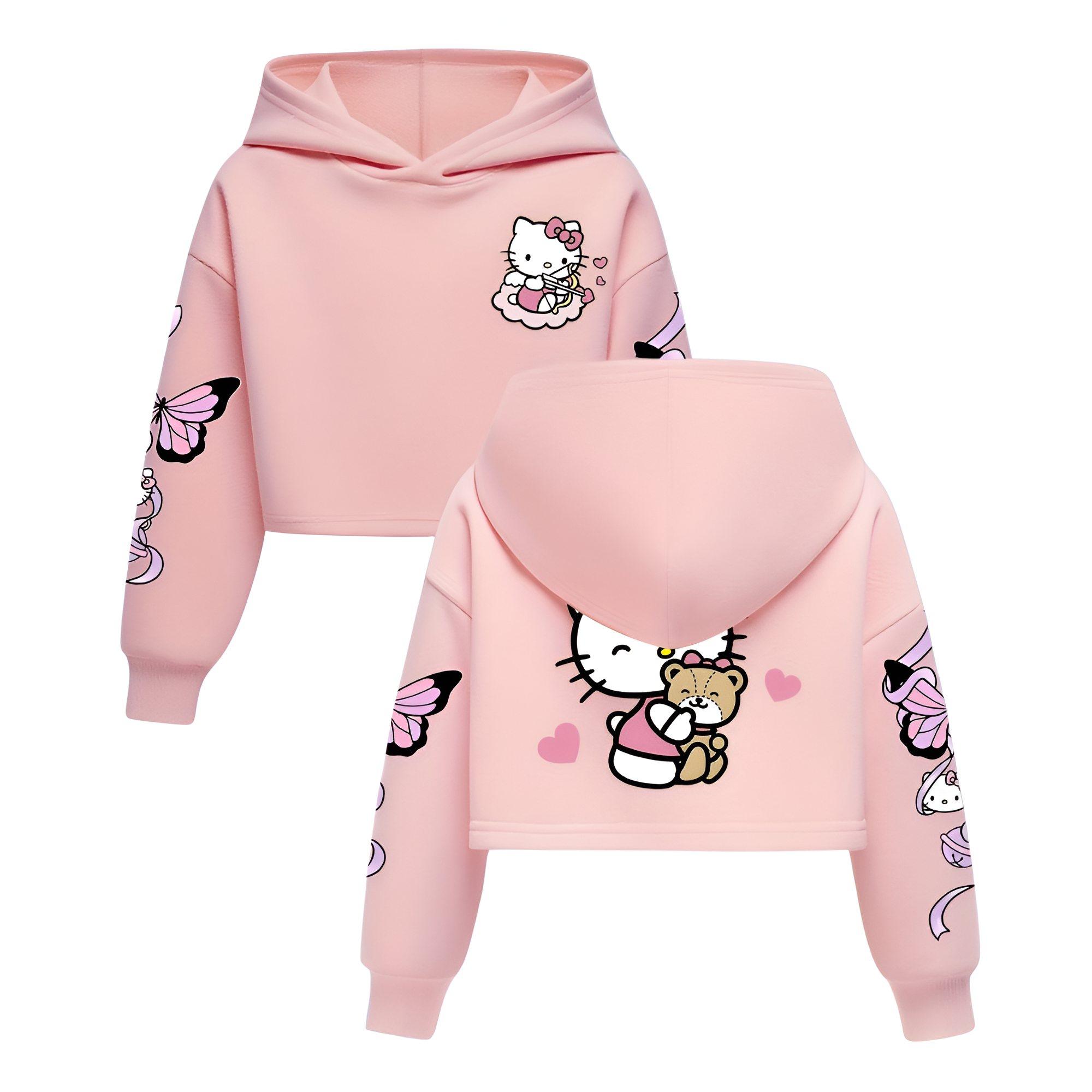 Hello Kitty Cartoon Print Hooded Sweatshirt For Girls Winter Wear