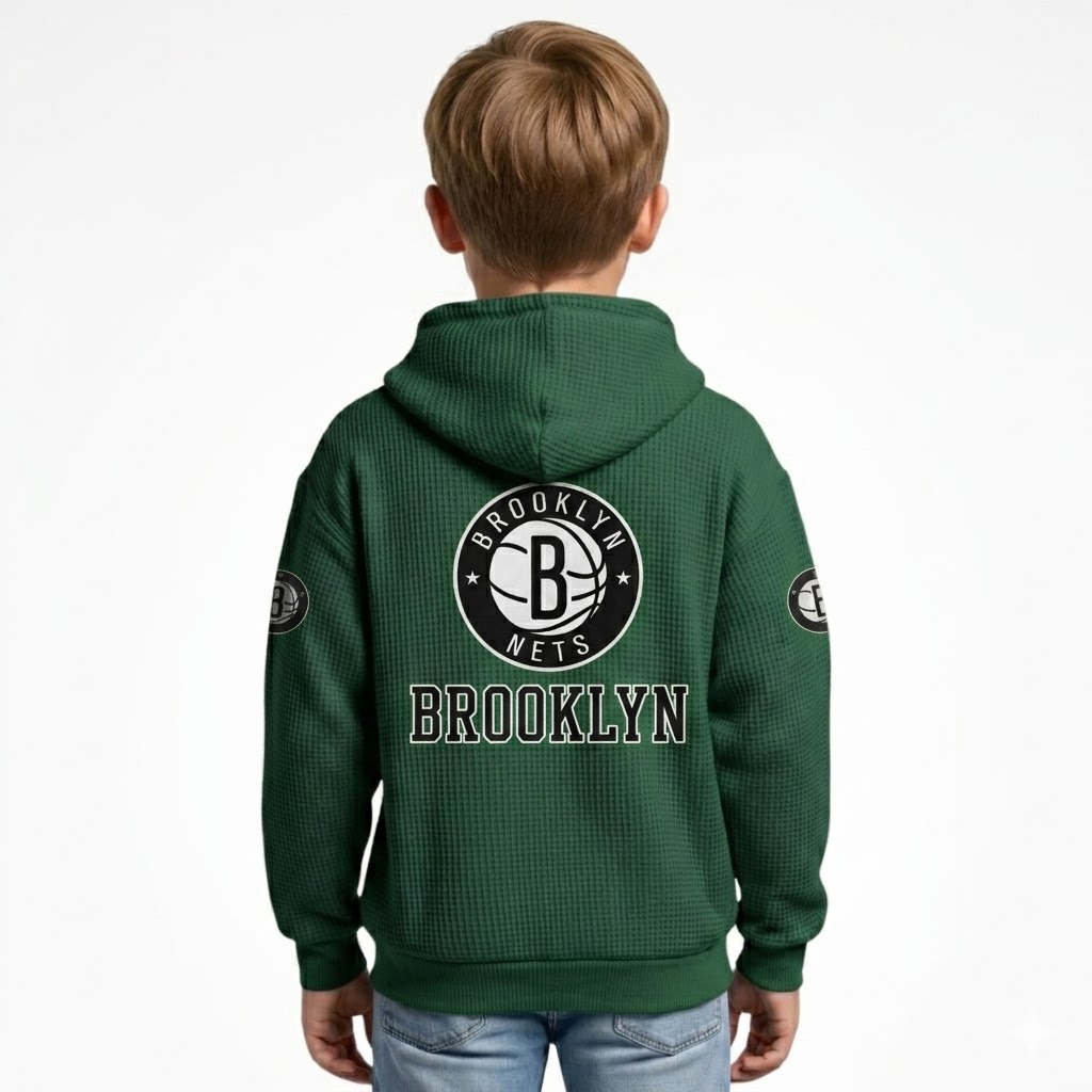 Brooklyn Nets EST 1967 Printed Waffle Quarter Zip Basketball Fan Hoodie For Kids