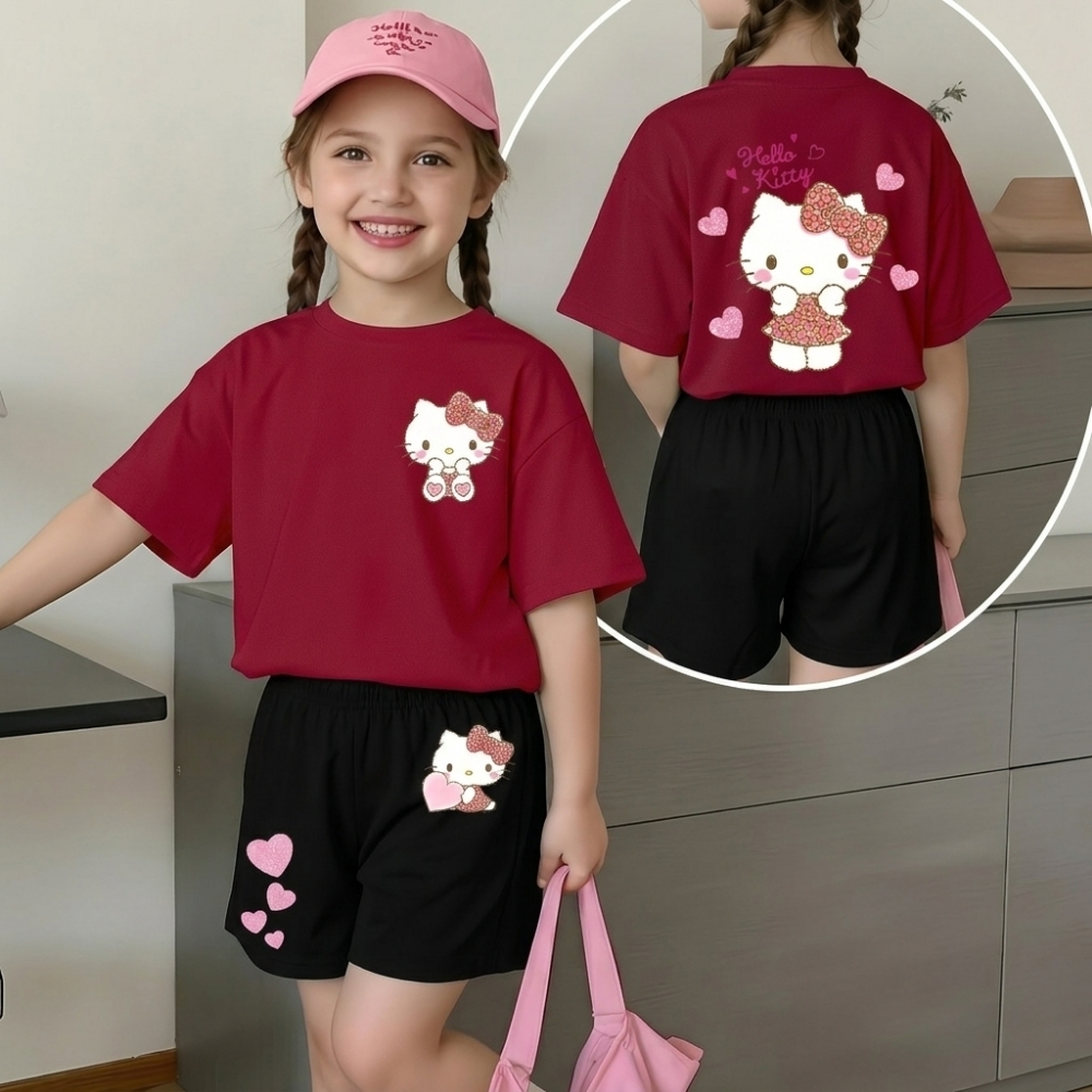 Hello Kitty Double Sided Print T Shirt And Shorts 2 Piece Outfit Set For Girls