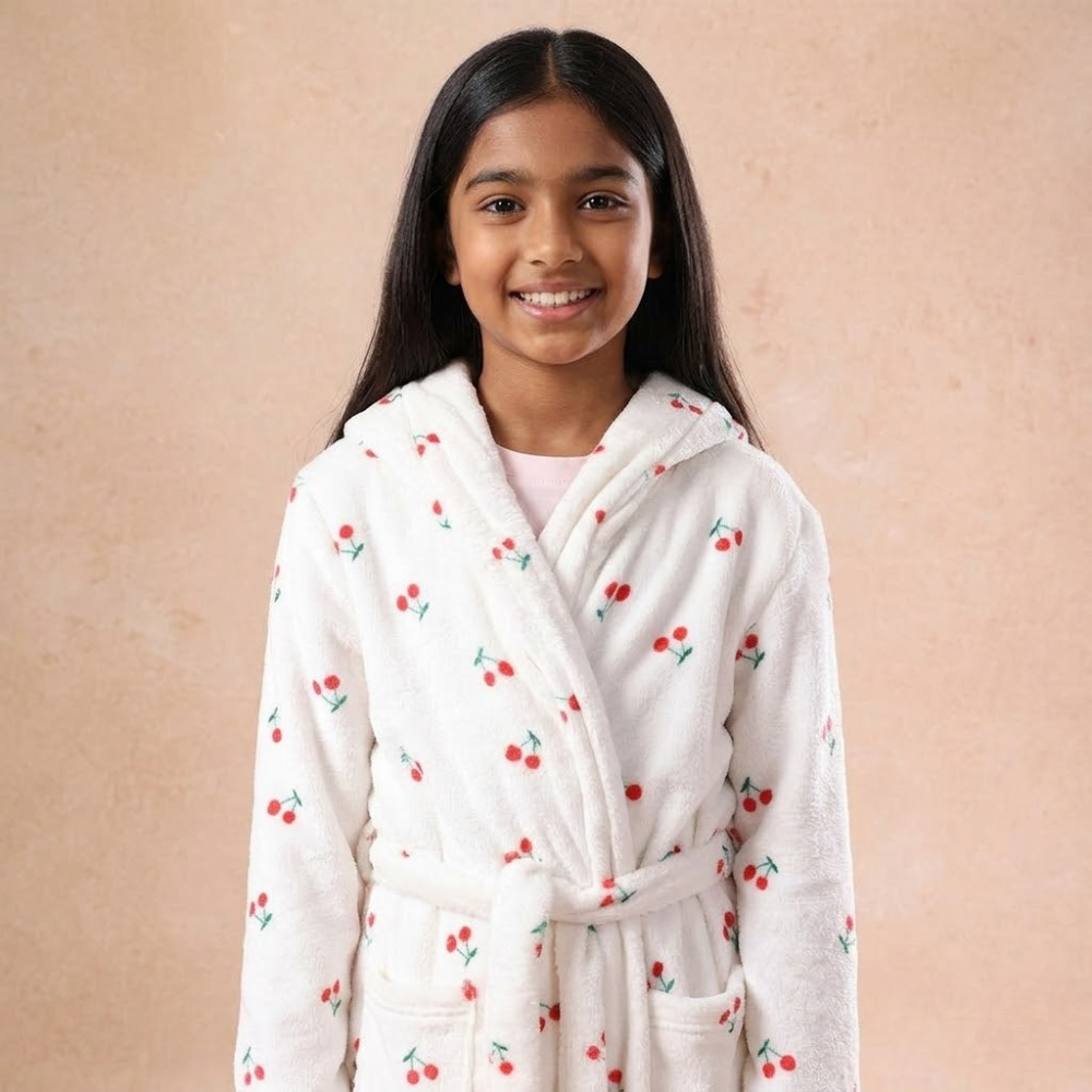 Cherry Printed Plush Bathrobe With Hood And Long Sleeve For Girls