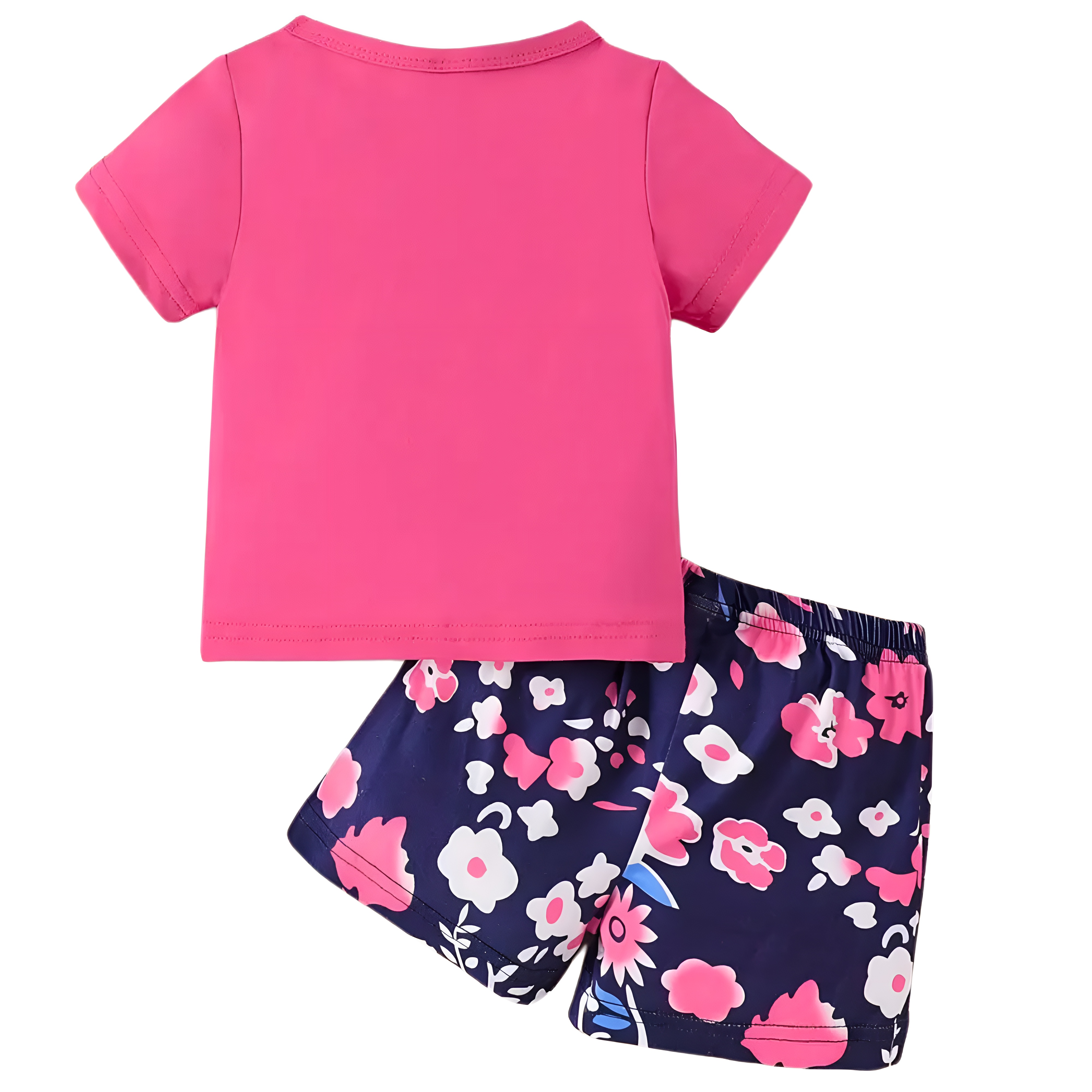 Baby Girl Cartoon Print Round Neck Top and Floral Shorts Two Piece Set