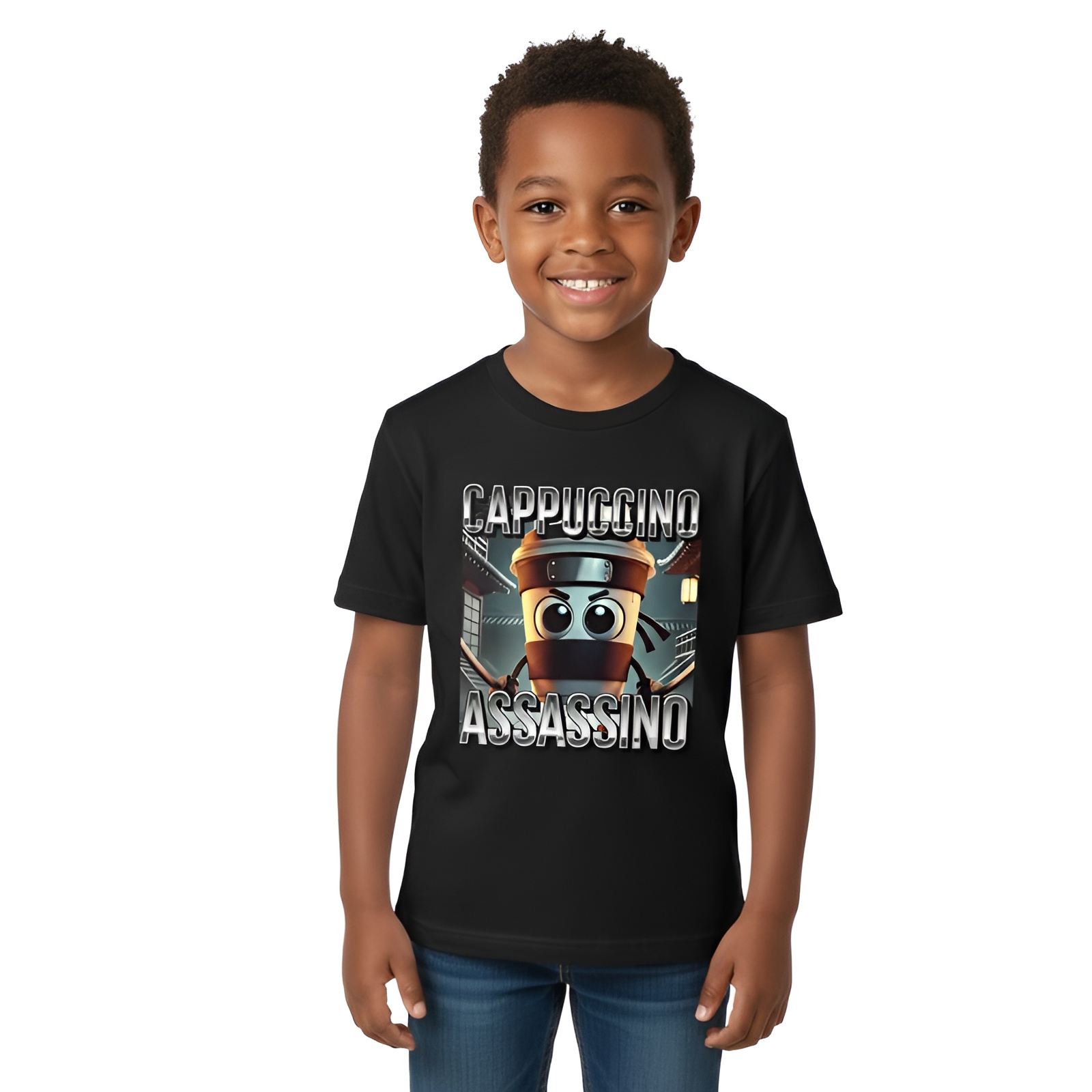 Cappuccino Assassino Coffee Cartoon Pattern Print Tshirt for Boys