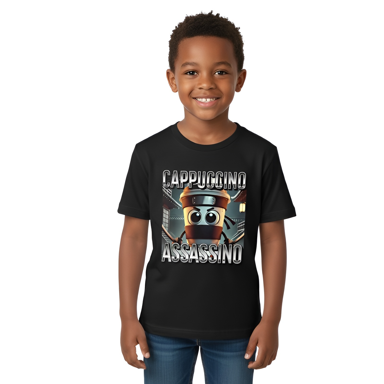 Cappuccino Assassino Coffee Cartoon Pattern Print Tshirt for Boys