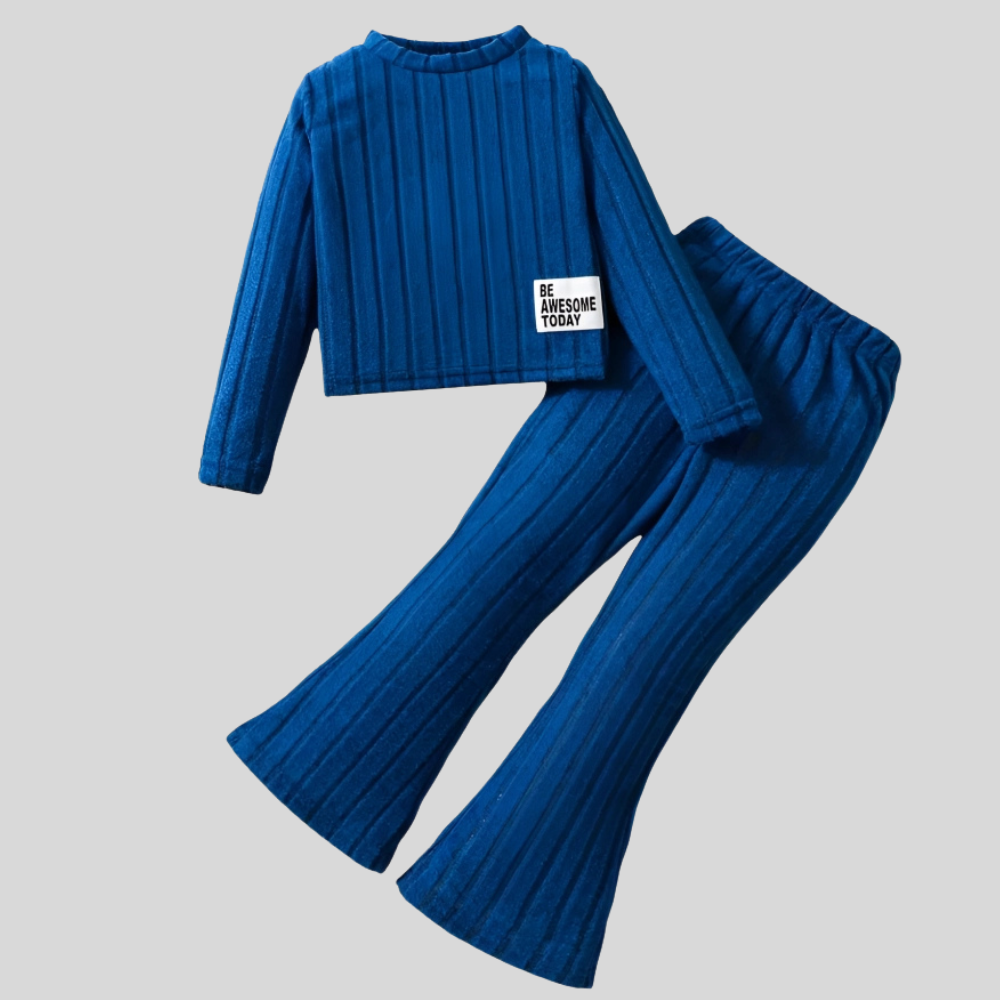 Long Sleeve Ribbed Pullover Top With Flare Pants Set For Girls