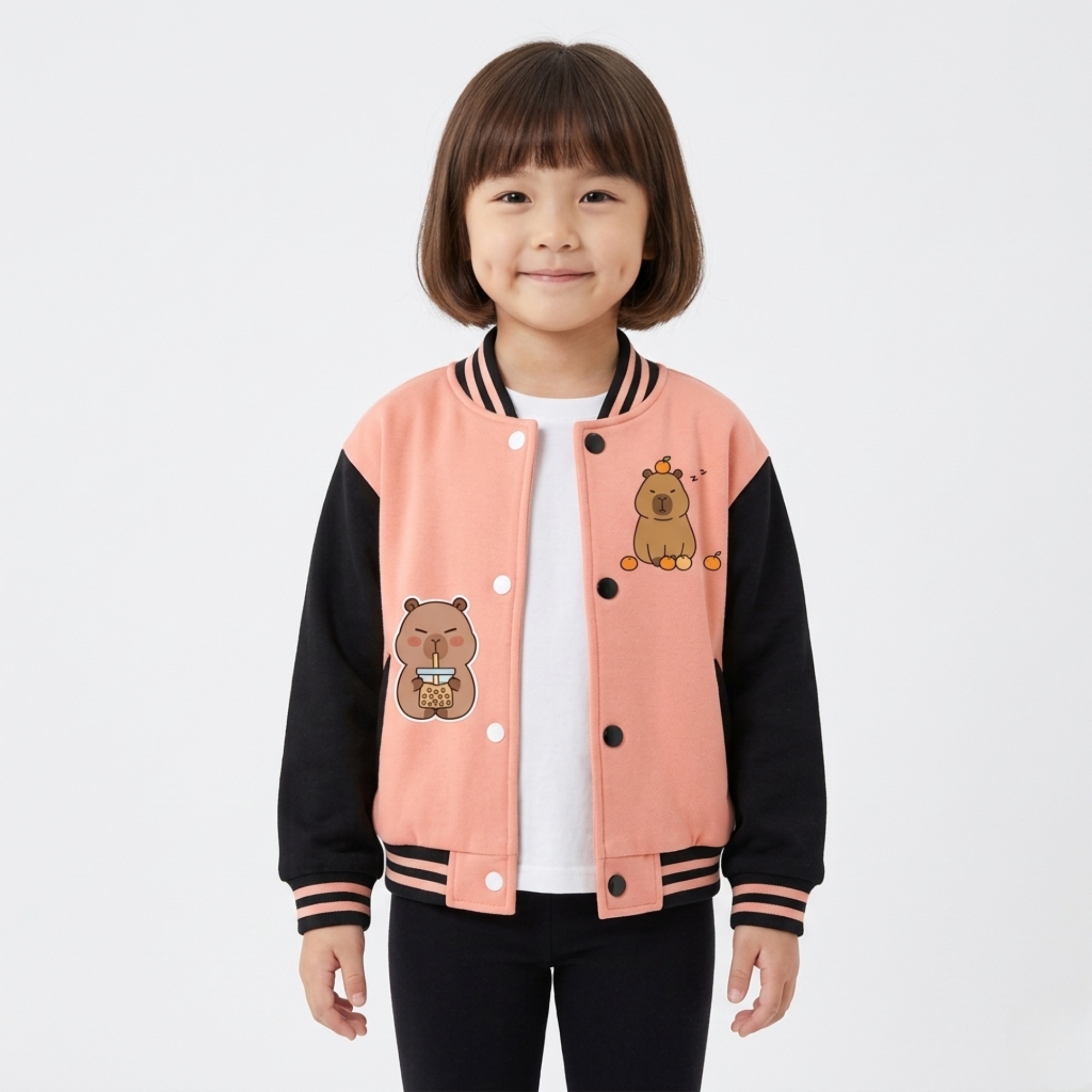 Capybara Family Print Baseball Jacket With Snap Closure And Casual Style For Girls
