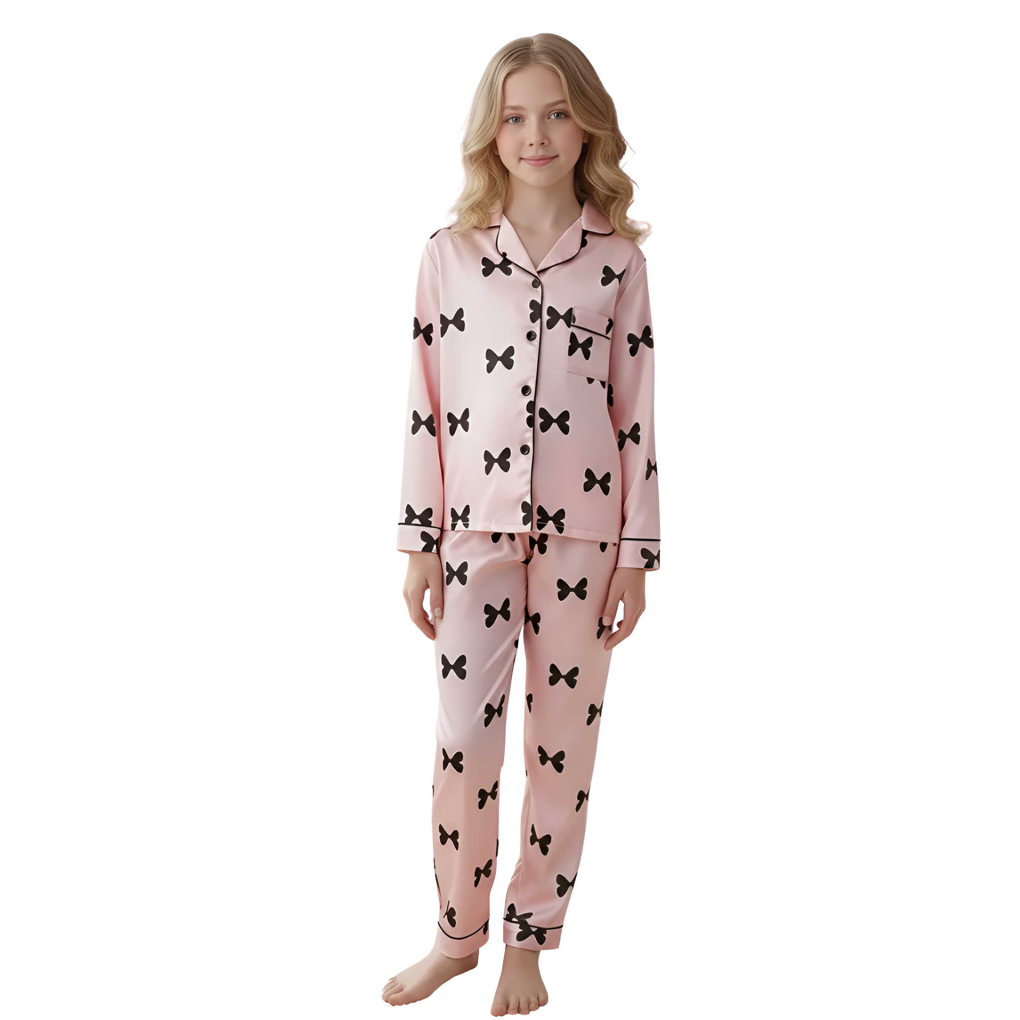 Long Sleeve Bowknot Print Pajama Set With Collar And Pants